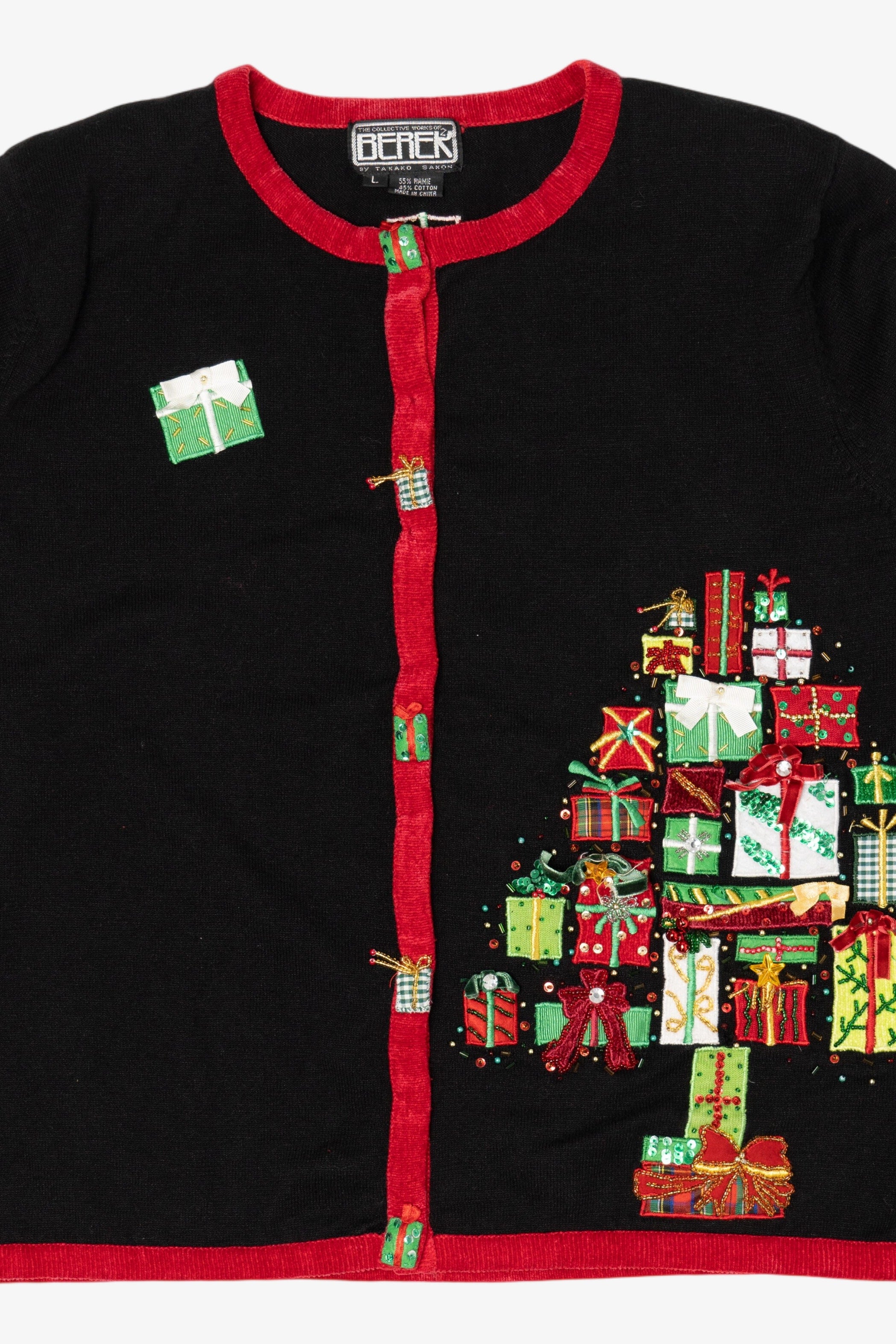 Vintage Black Berek Present Tree Ugly Christmas Cardigan (1990s)