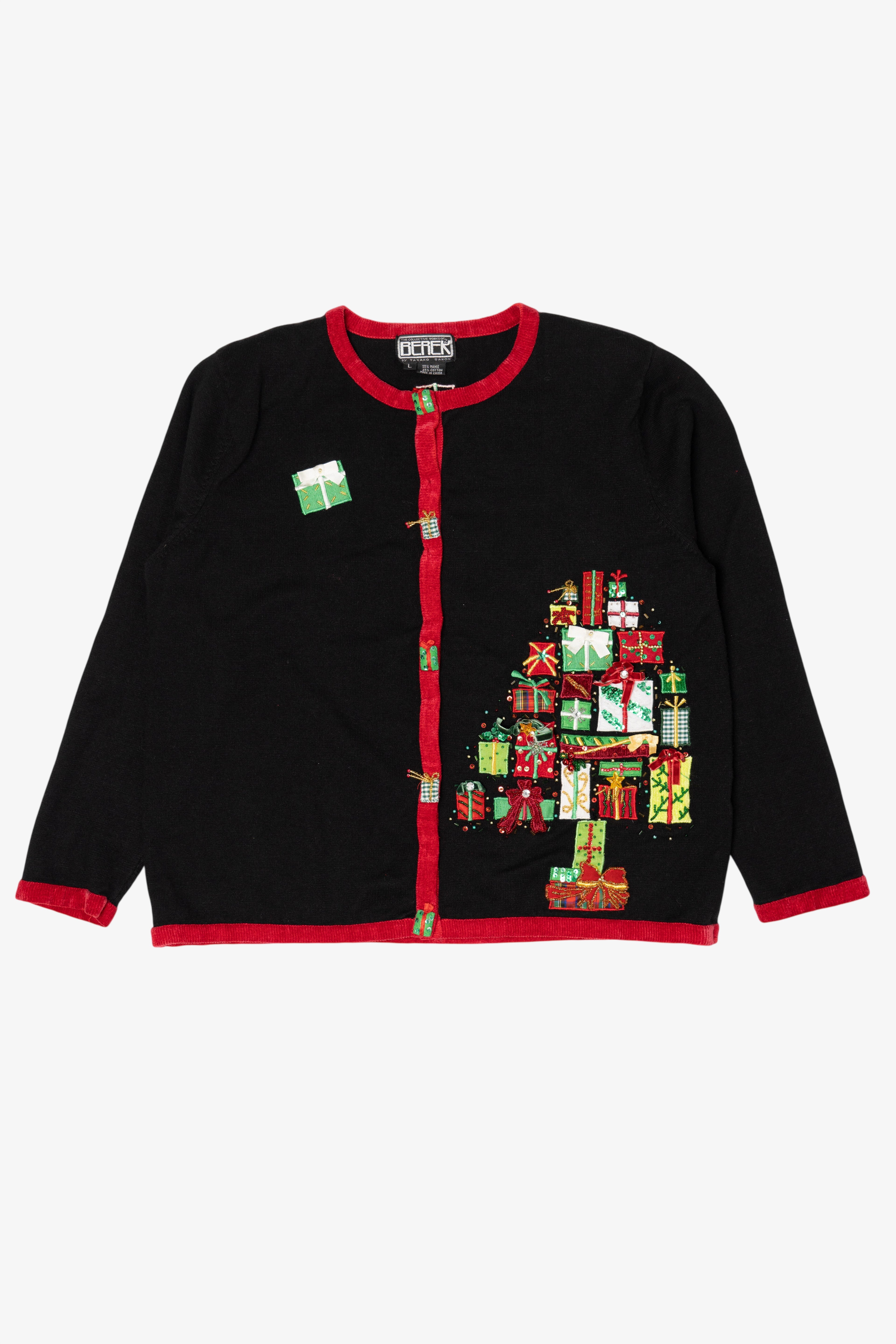 Vintage Black Berek Present Tree Ugly Christmas Cardigan (1990s)