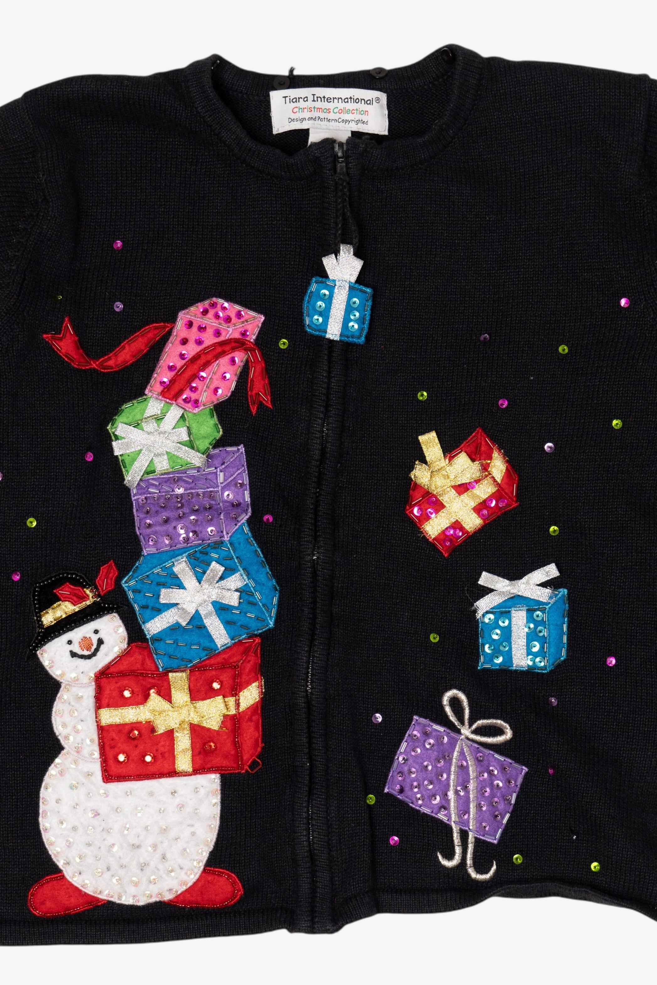 Vintage Black Tiara International Snowman With Presents Ugly Christmas Cardigan (1990s)