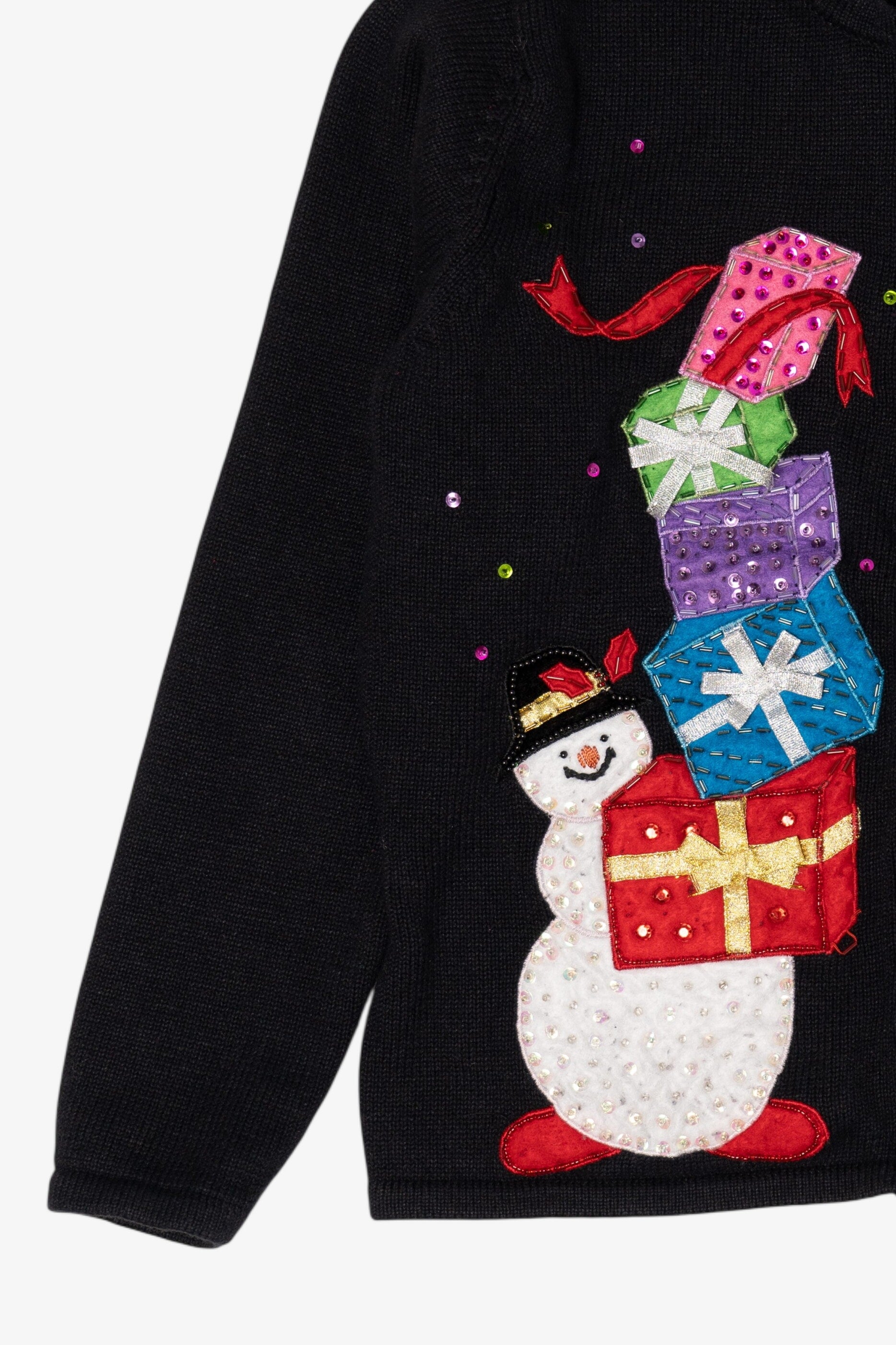 Vintage Black Tiara International Snowman With Presents Ugly Christmas Cardigan (1990s)
