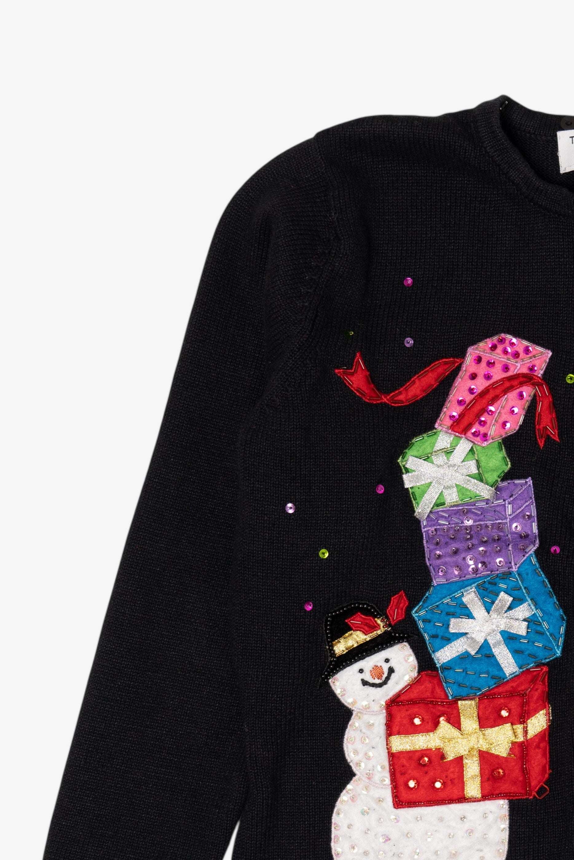 Vintage Black Tiara International Snowman With Presents Ugly Christmas Cardigan (1990s)