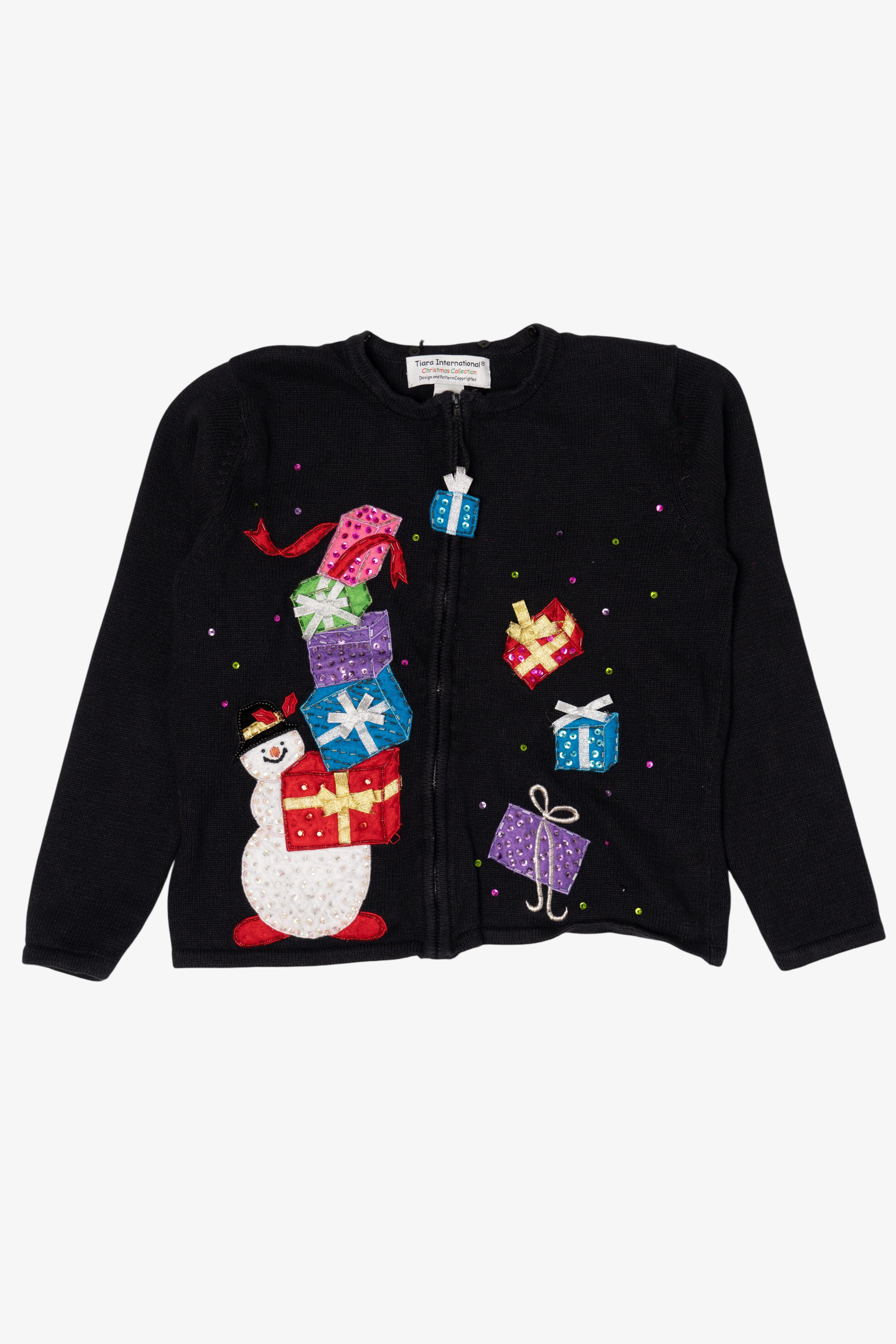 Vintage Black Tiara International Snowman With Presents Ugly Christmas Cardigan (1990s)
