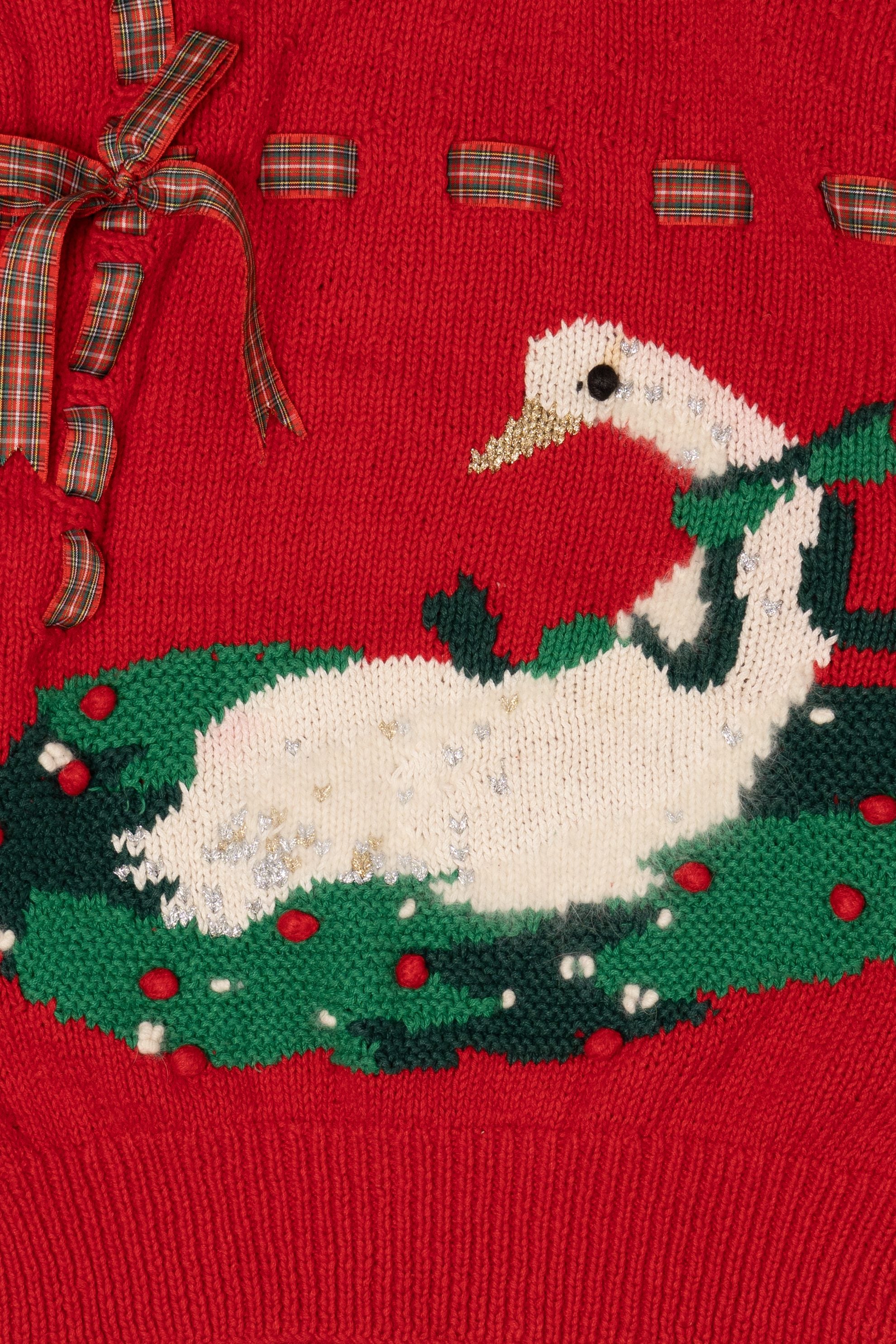 Vintage Red Marisa Christina Hand Knit Swan Ugly Christmas Pullover (1990s)