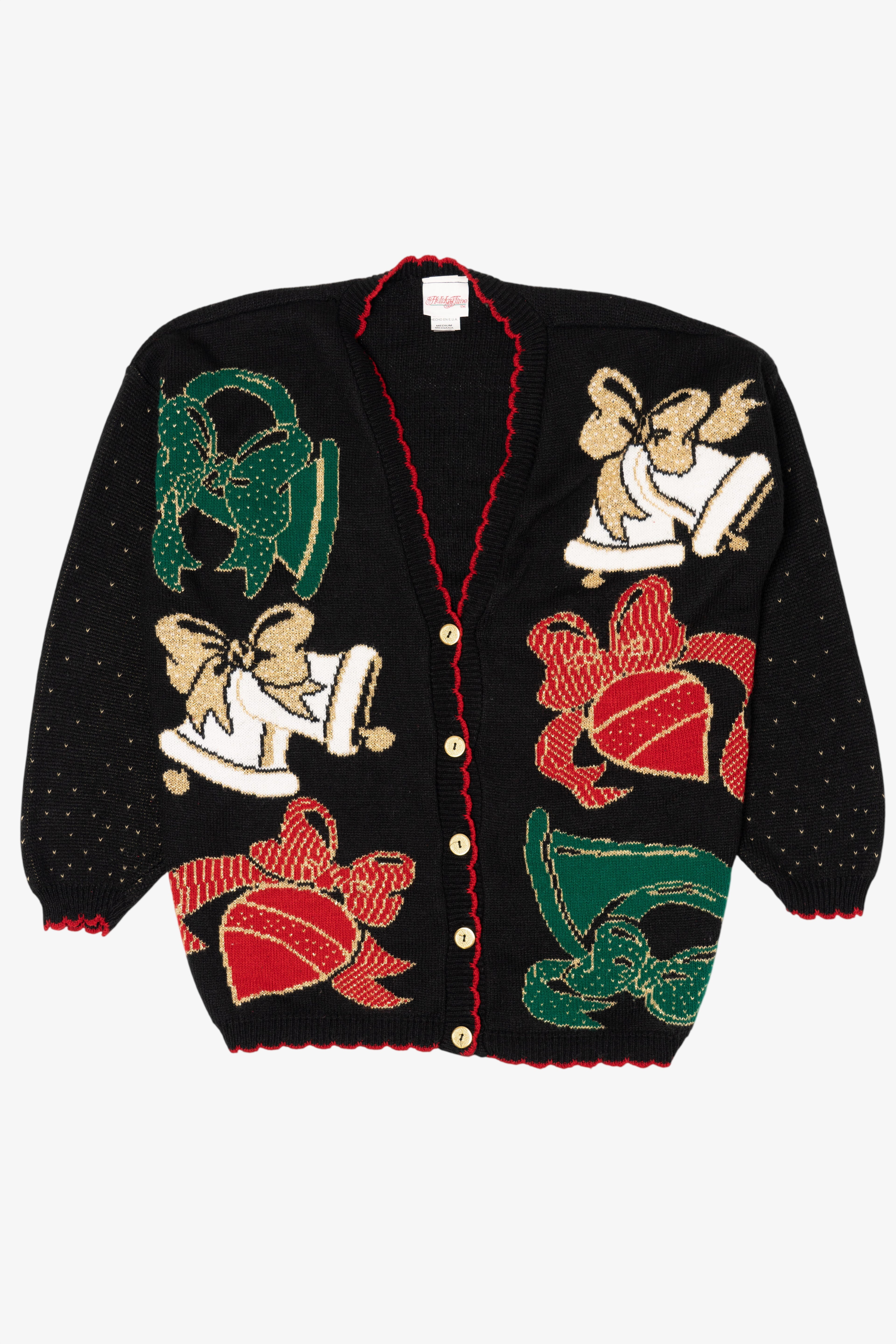 Vintage Black Holiday Time Bells Ugly Christmas Cardigan (1990s)