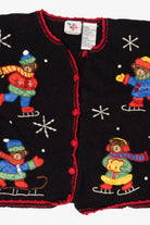 Vintage Black Nutcracker Bears Skating Ugly Christmas Cardigan (1990s)