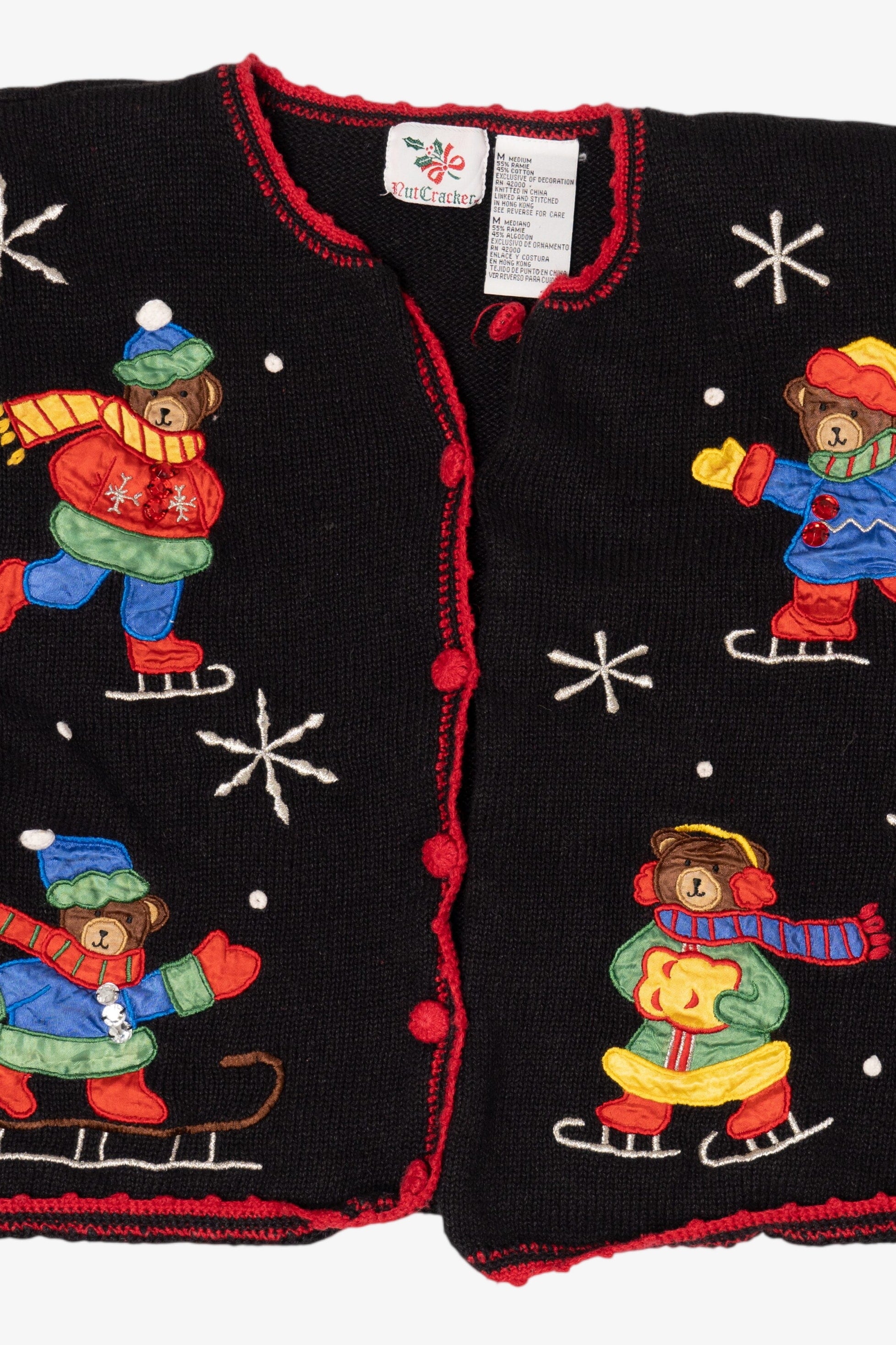 Vintage Black Nutcracker Bears Skating Ugly Christmas Cardigan (1990s)