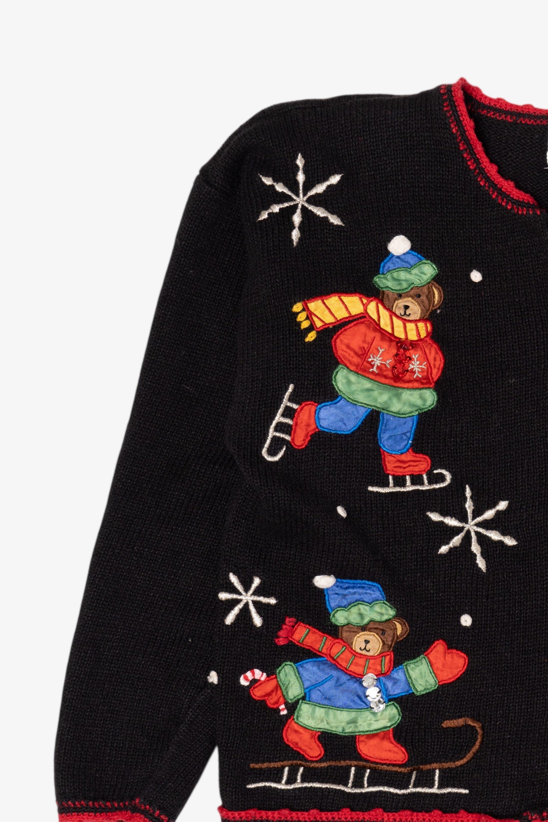 Vintage Black Nutcracker Bears Skating Ugly Christmas Cardigan (1990s)