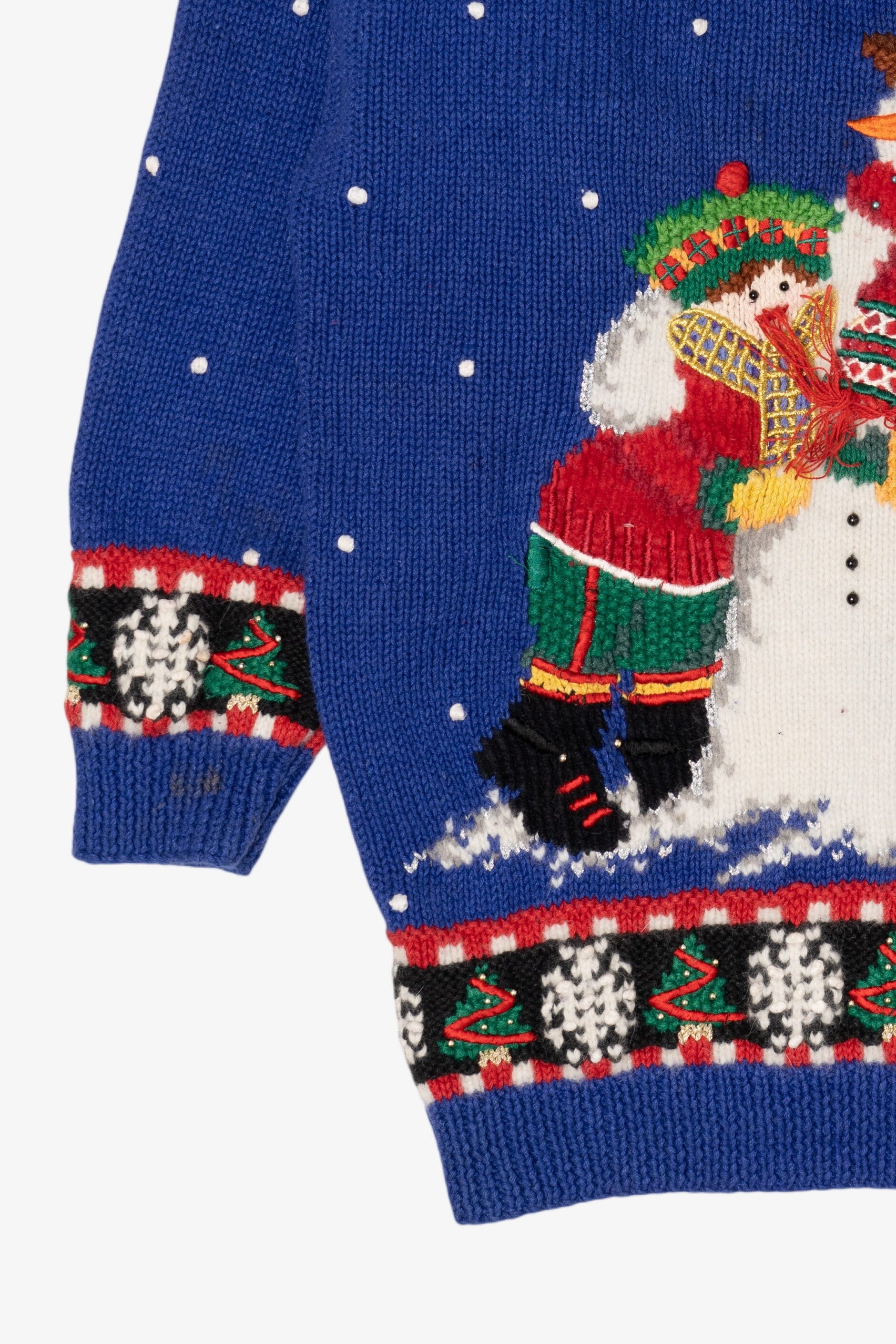Vintage Hand Knit Blue Marisa Christina Snowman Ugly Christmas Pullover (1990s)