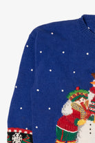 Vintage Hand Knit Blue Marisa Christina Snowman Ugly Christmas Pullover (1990s)