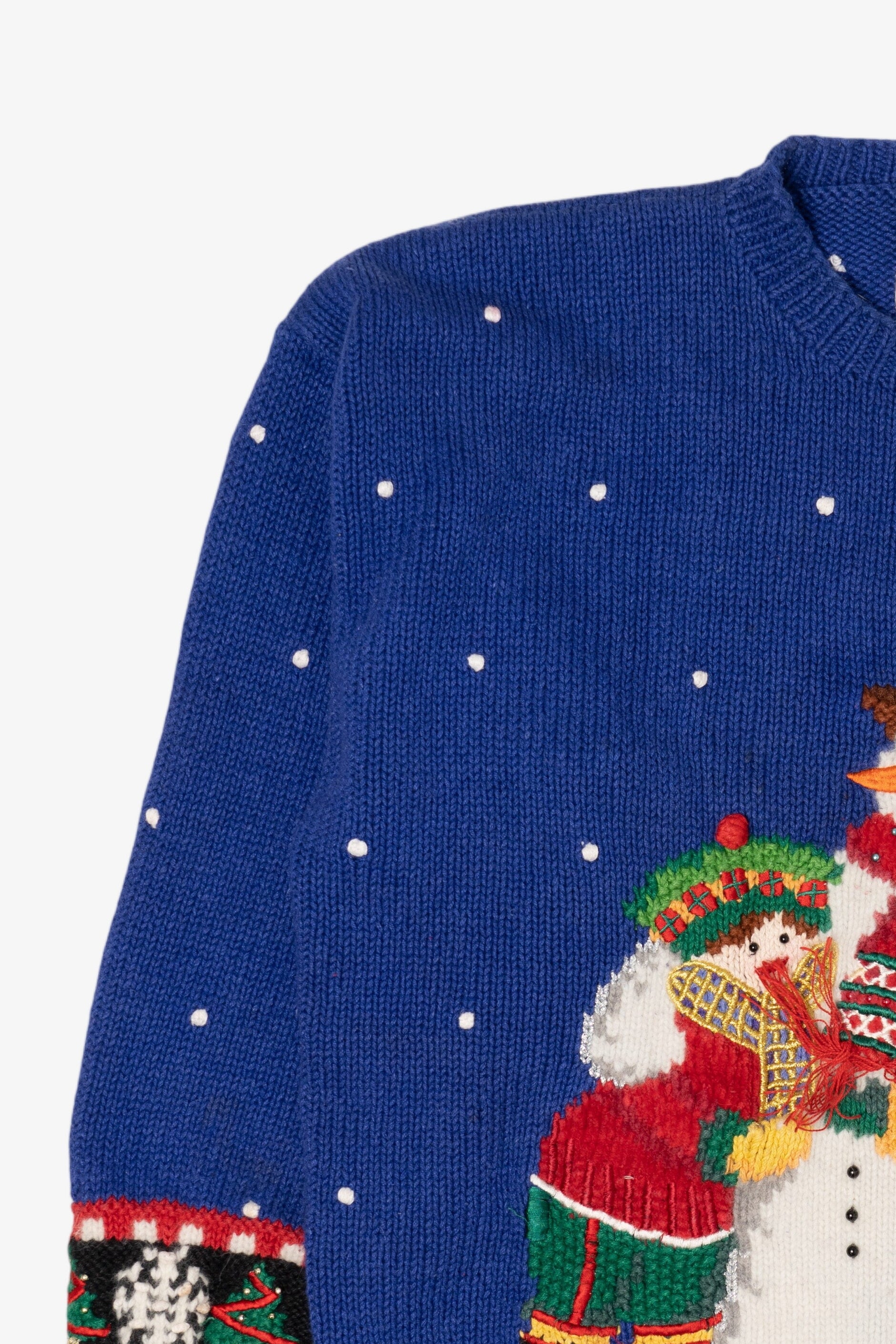 Vintage Hand Knit Blue Marisa Christina Snowman Ugly Christmas Pullover (1990s)