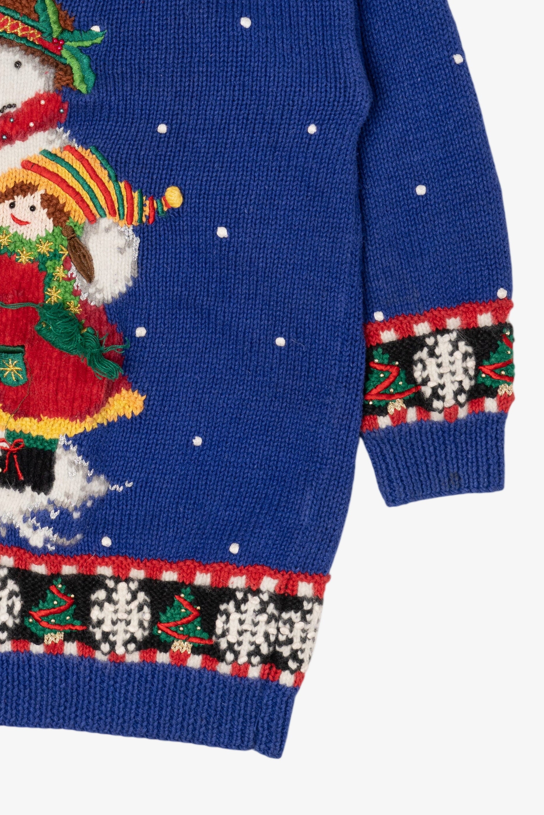 Vintage Hand Knit Blue Marisa Christina Snowman Ugly Christmas Pullover (1990s)