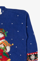 Vintage Hand Knit Blue Marisa Christina Snowman Ugly Christmas Pullover (1990s)