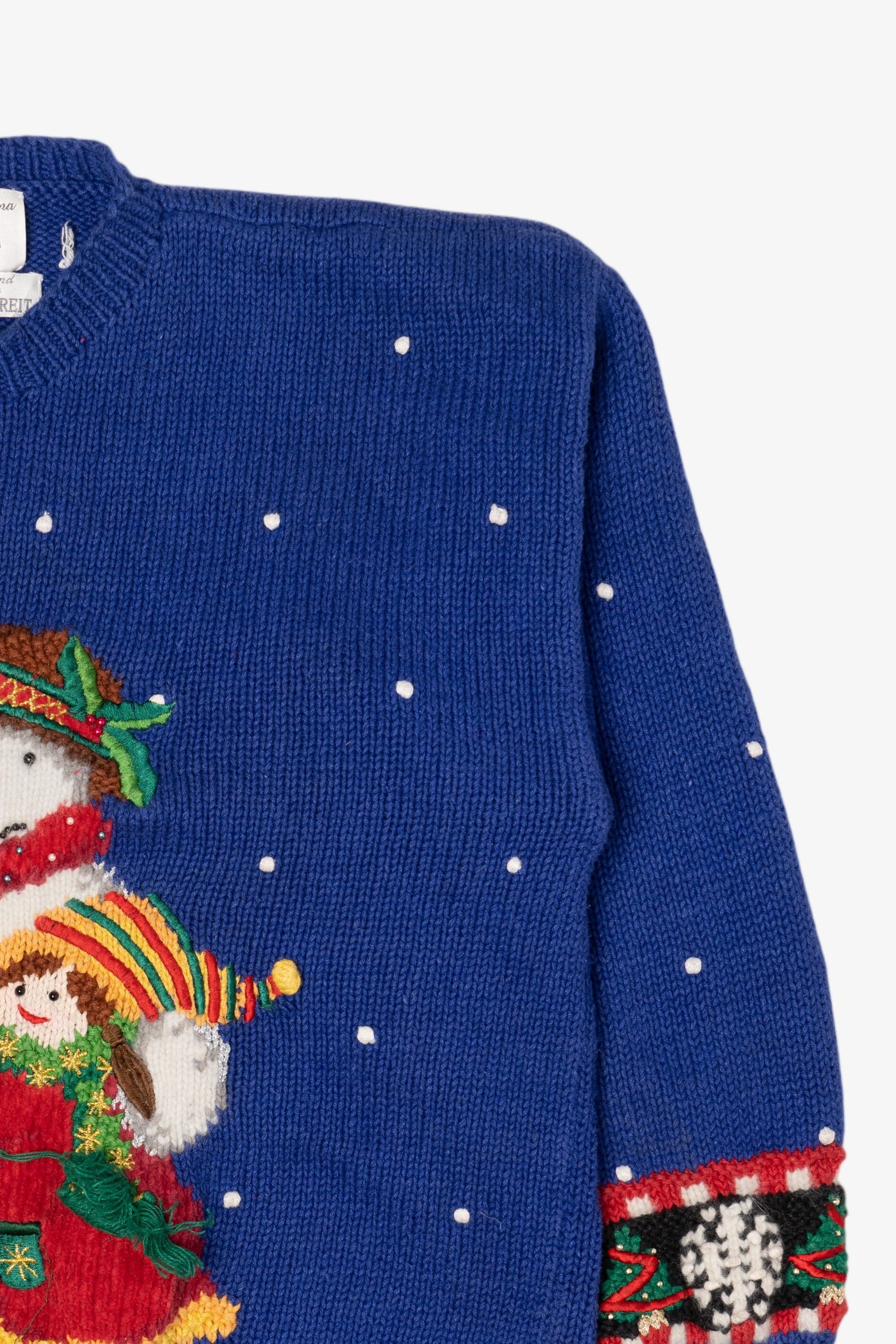 Vintage Hand Knit Blue Marisa Christina Snowman Ugly Christmas Pullover (1990s)