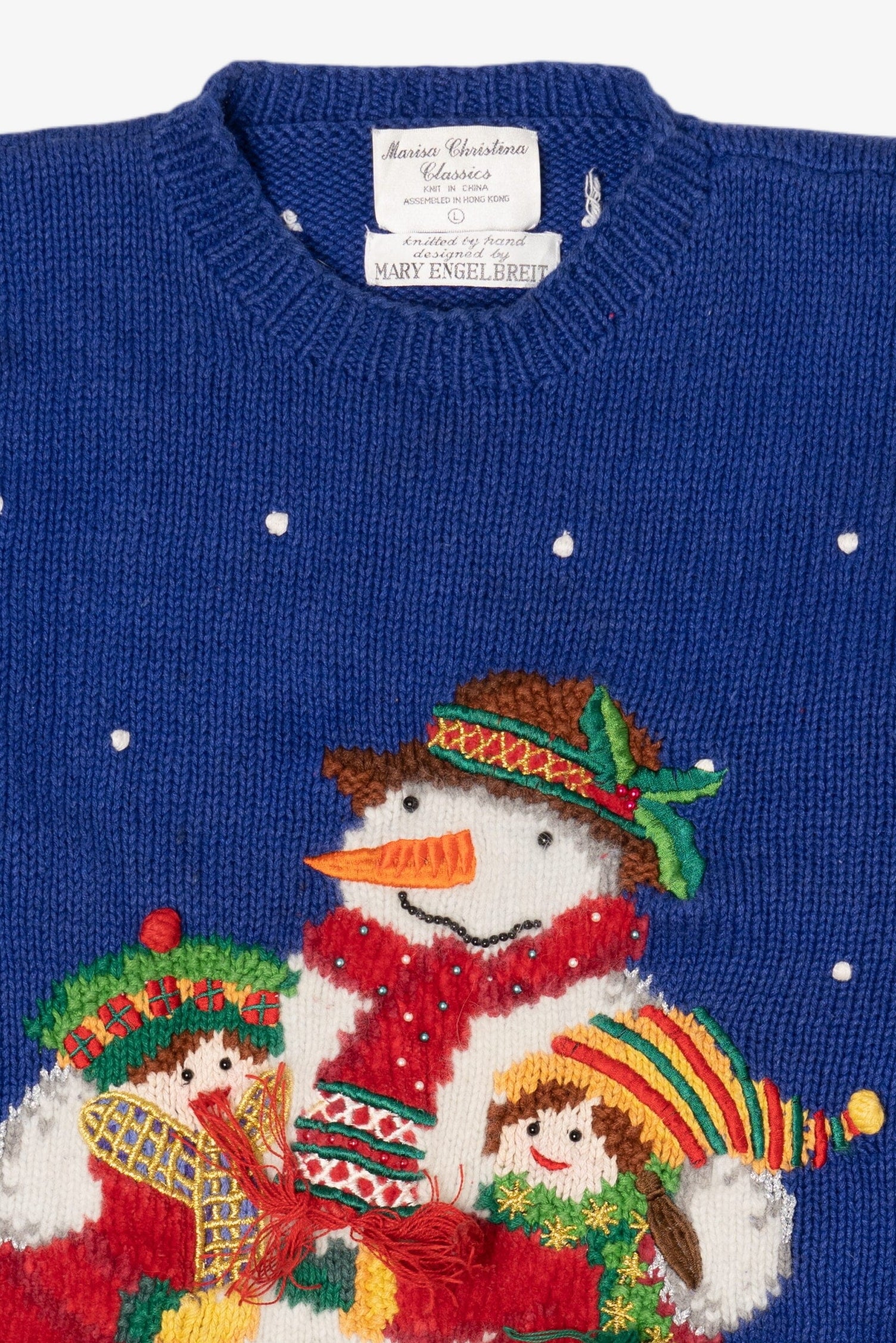 Vintage Hand Knit Blue Marisa Christina Snowman Ugly Christmas Pullover (1990s)