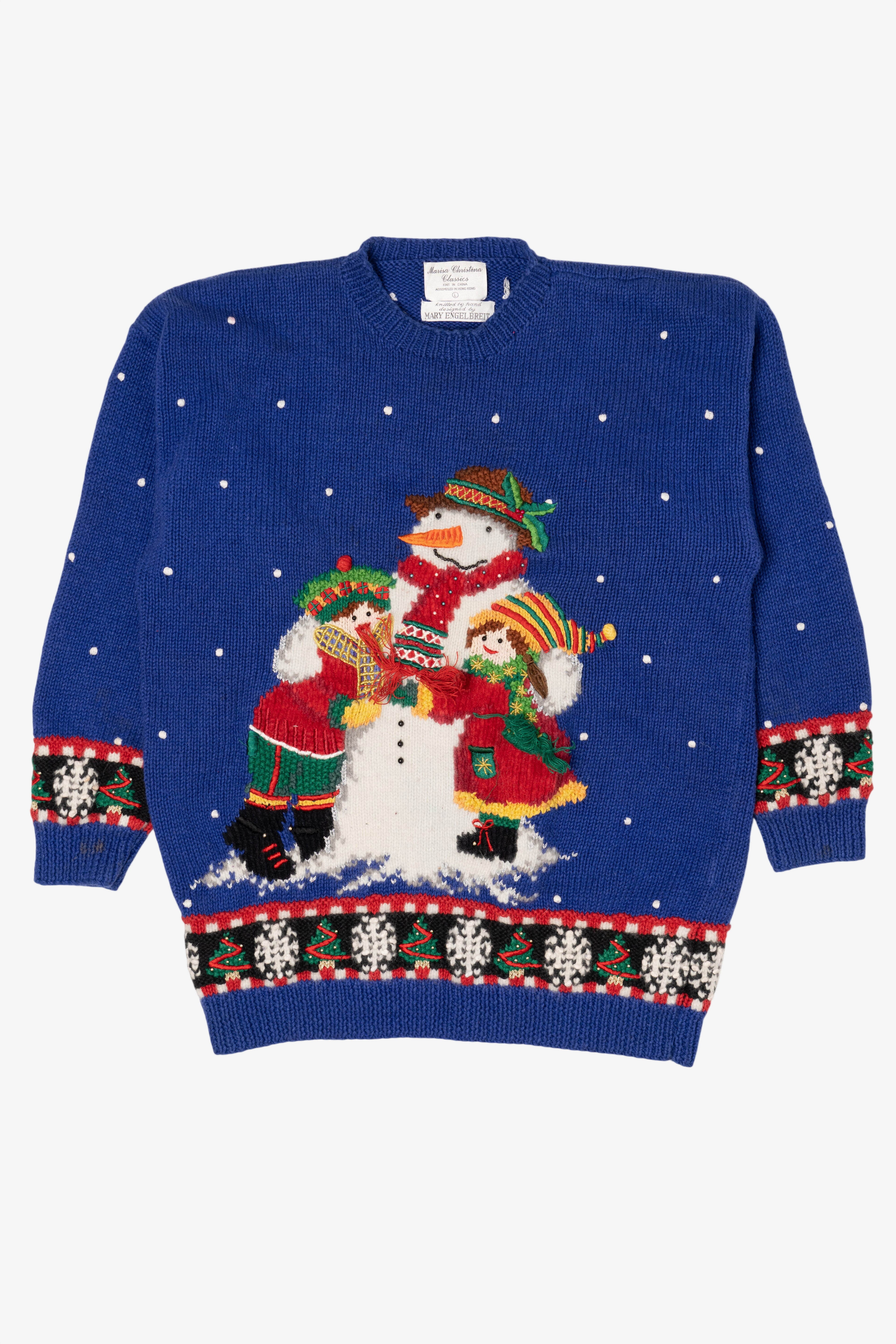 Vintage Hand Knit Blue Marisa Christina Snowman Ugly Christmas Pullover (1990s)
