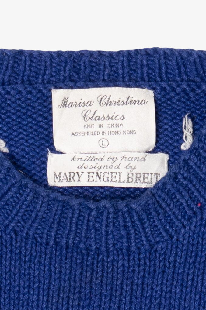 Vintage Hand Knit Blue Marisa Christina Snowman Ugly Christmas Pullover (1990s)