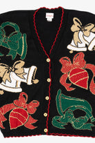Vintage Black Holiday Time Bells Ugly Christmas Cardigan (1980s)