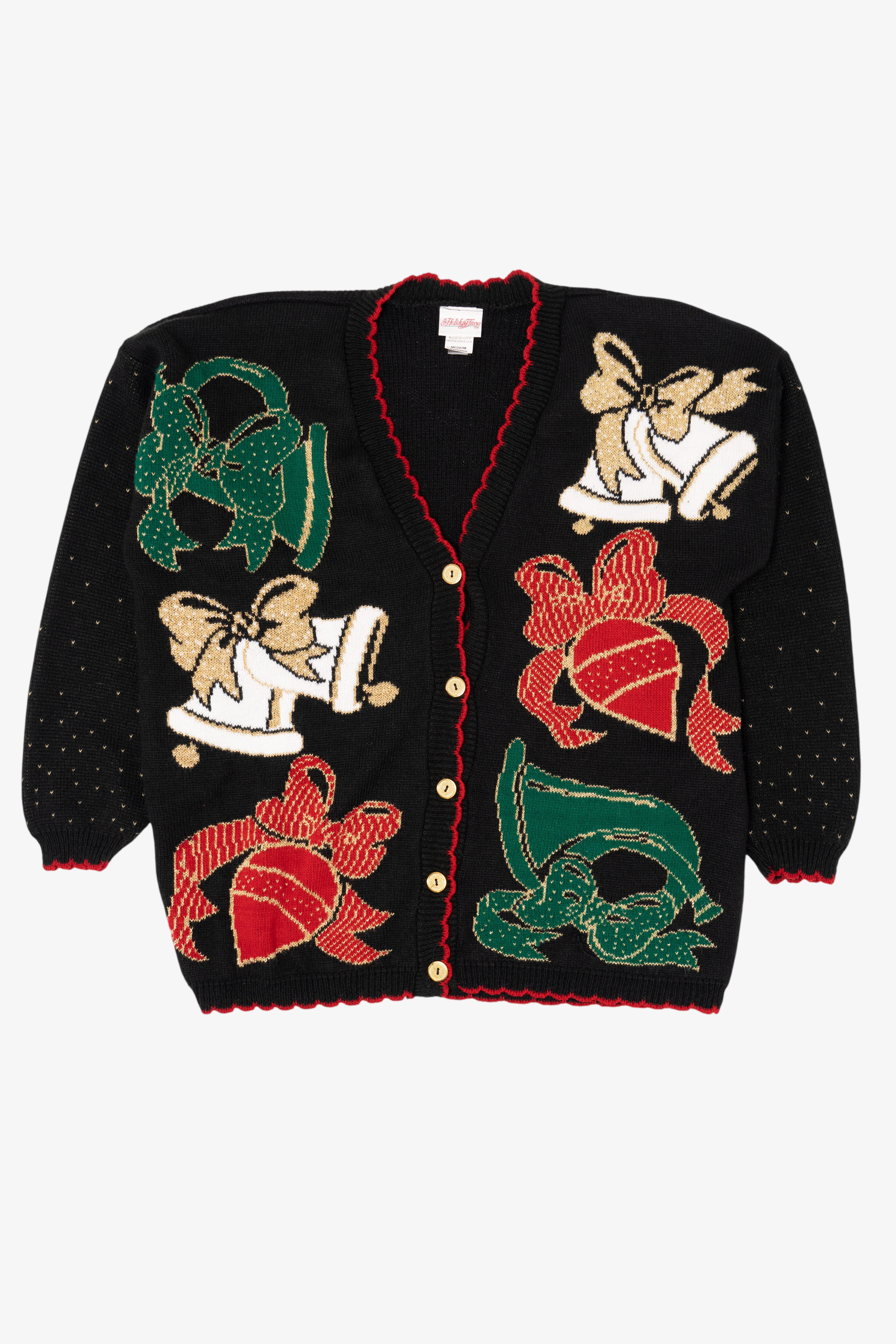 Vintage Black Holiday Time Bells Ugly Christmas Cardigan (1980s)