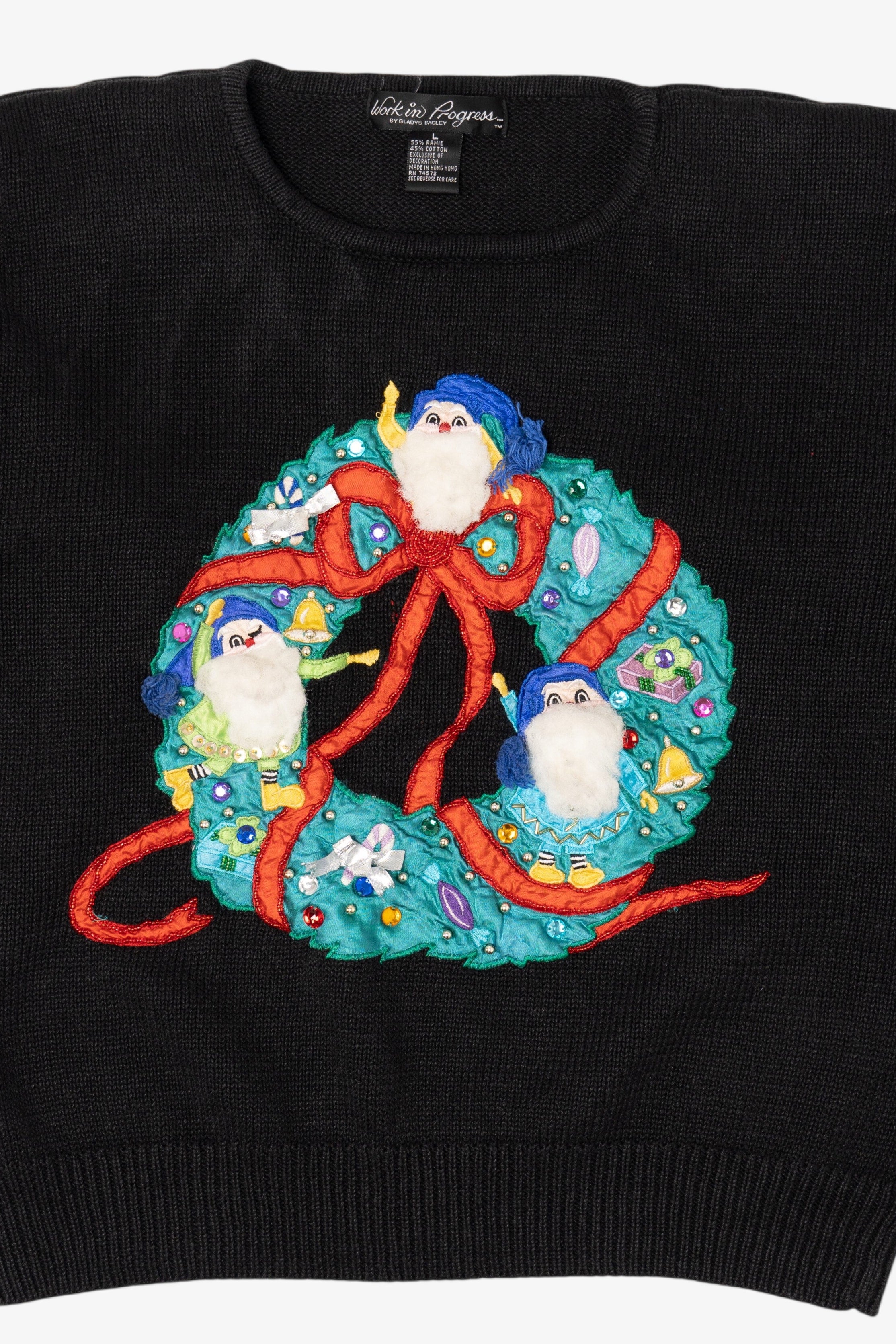 Vintage Black Work in Progress Elves In Wreath Ugly Christmas Pullover (1990s)