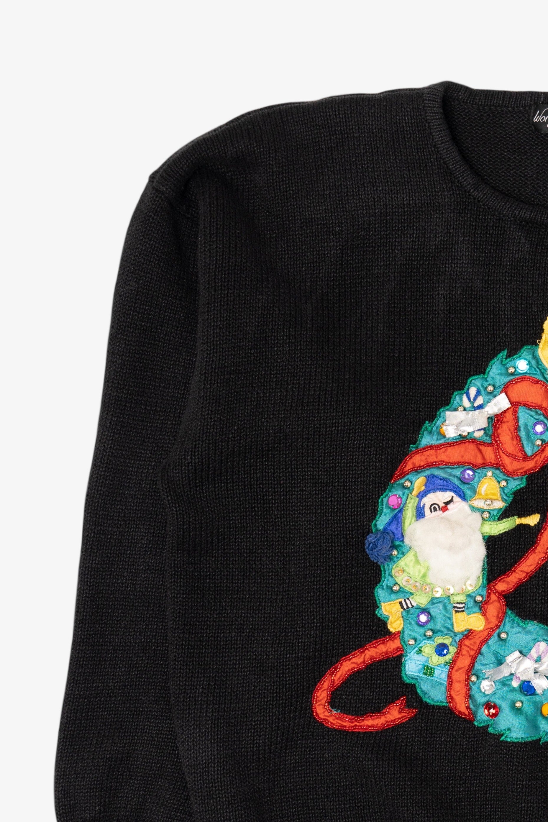 Vintage Black Work in Progress Elves In Wreath Ugly Christmas Pullover (1990s)
