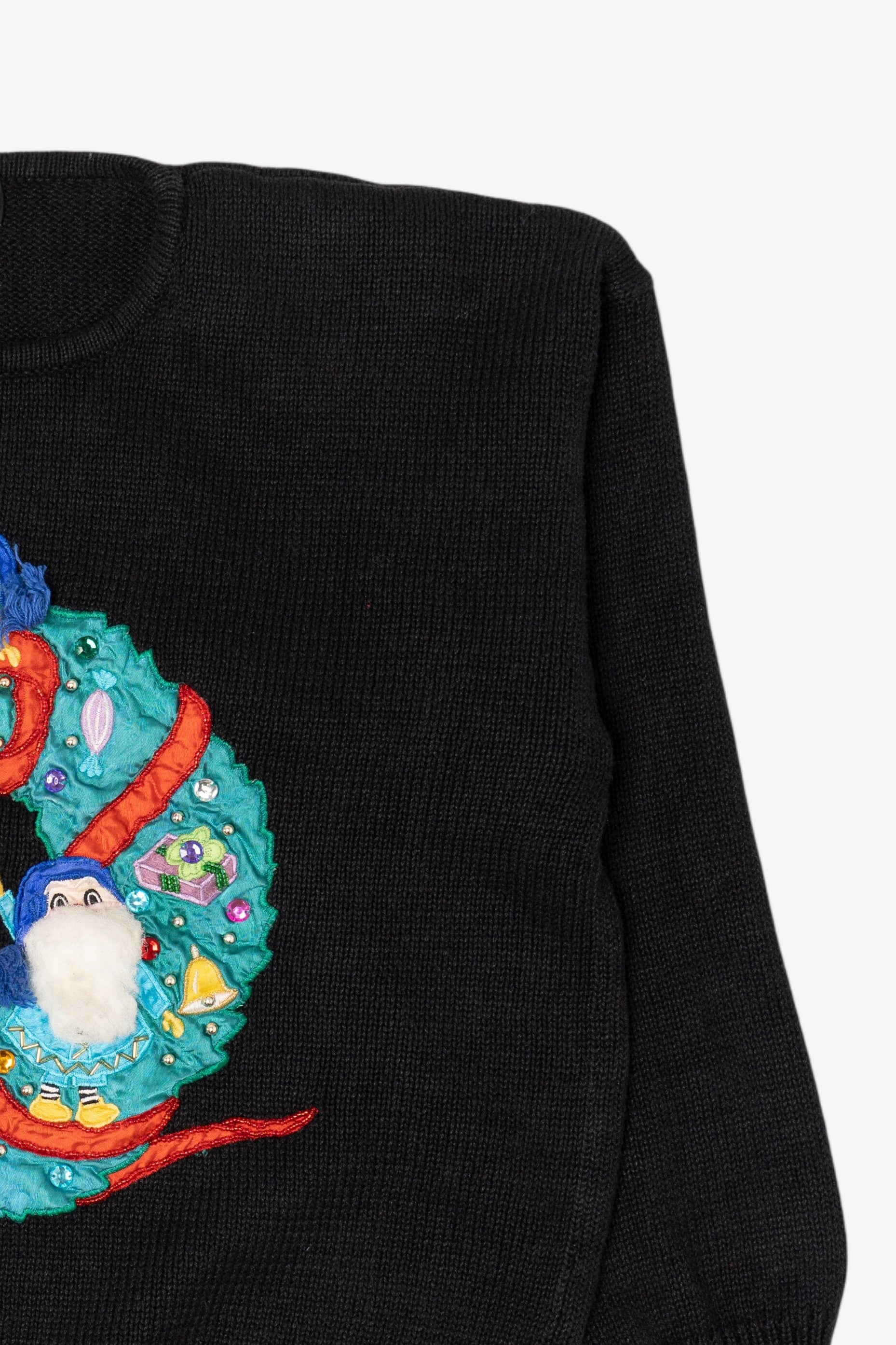 Vintage Black Work in Progress Elves In Wreath Ugly Christmas Pullover (1990s)