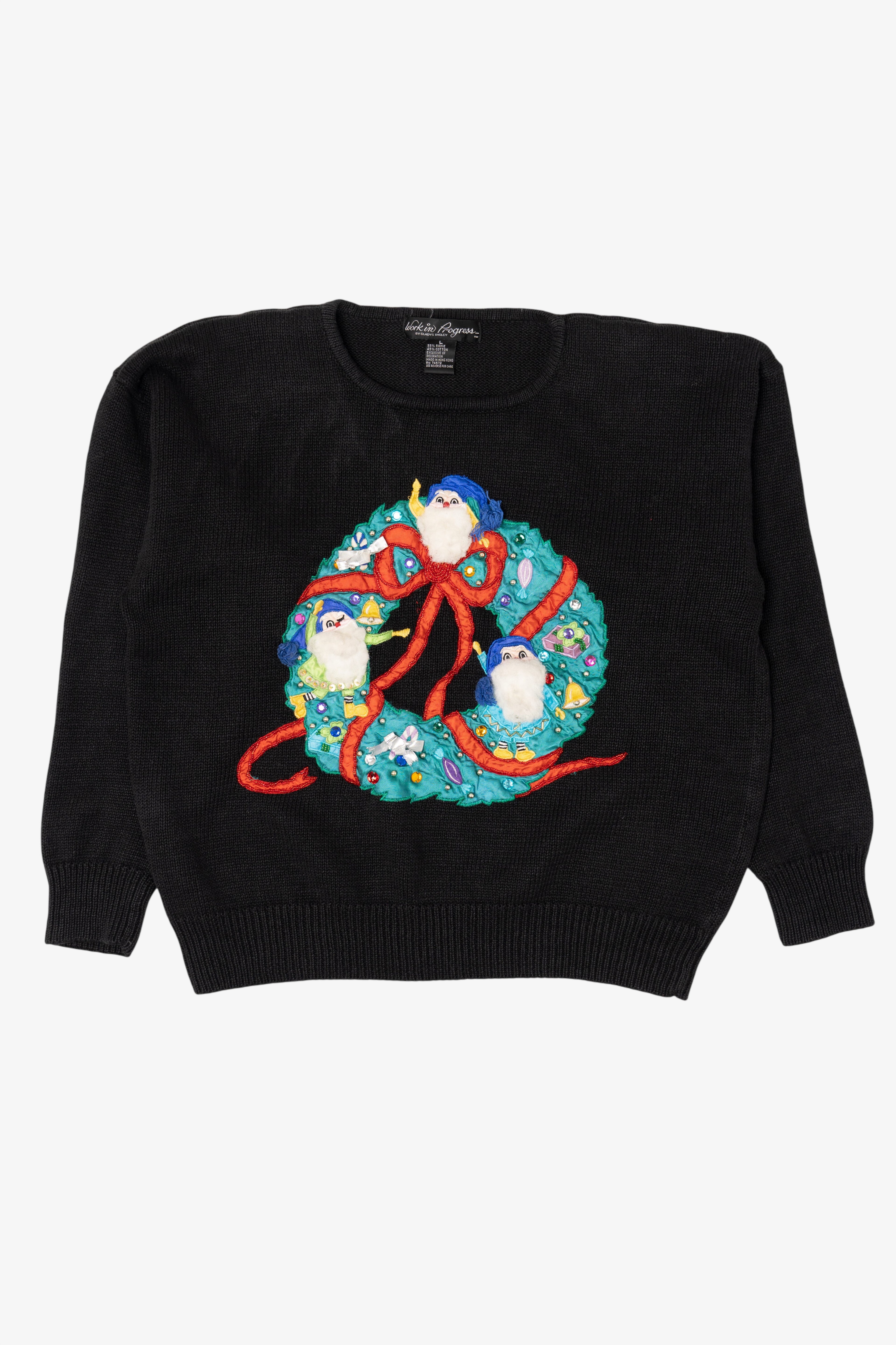 Vintage Black Work in Progress Elves In Wreath Ugly Christmas Pullover (1990s)