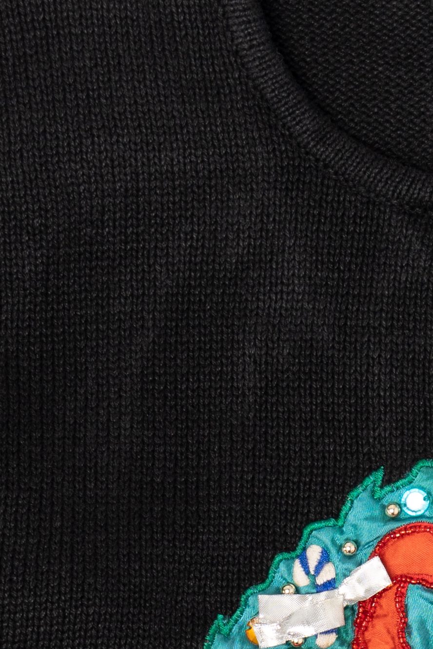 Vintage Black Work in Progress Elves In Wreath Ugly Christmas Pullover (1990s)