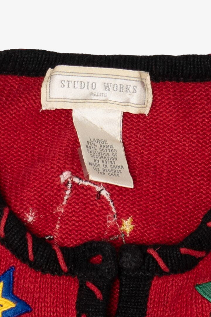 Vintage Red Studio Work Santas Ugly Christmas Cardigan (1990s)
