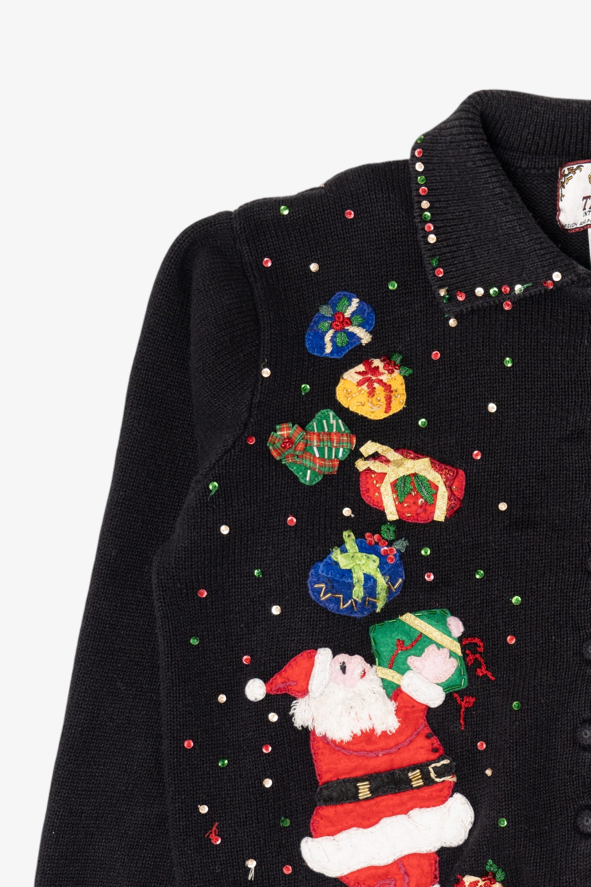 Vintage Black Tiara Santa With Presents Ugly Christmas Sweater (2000s)