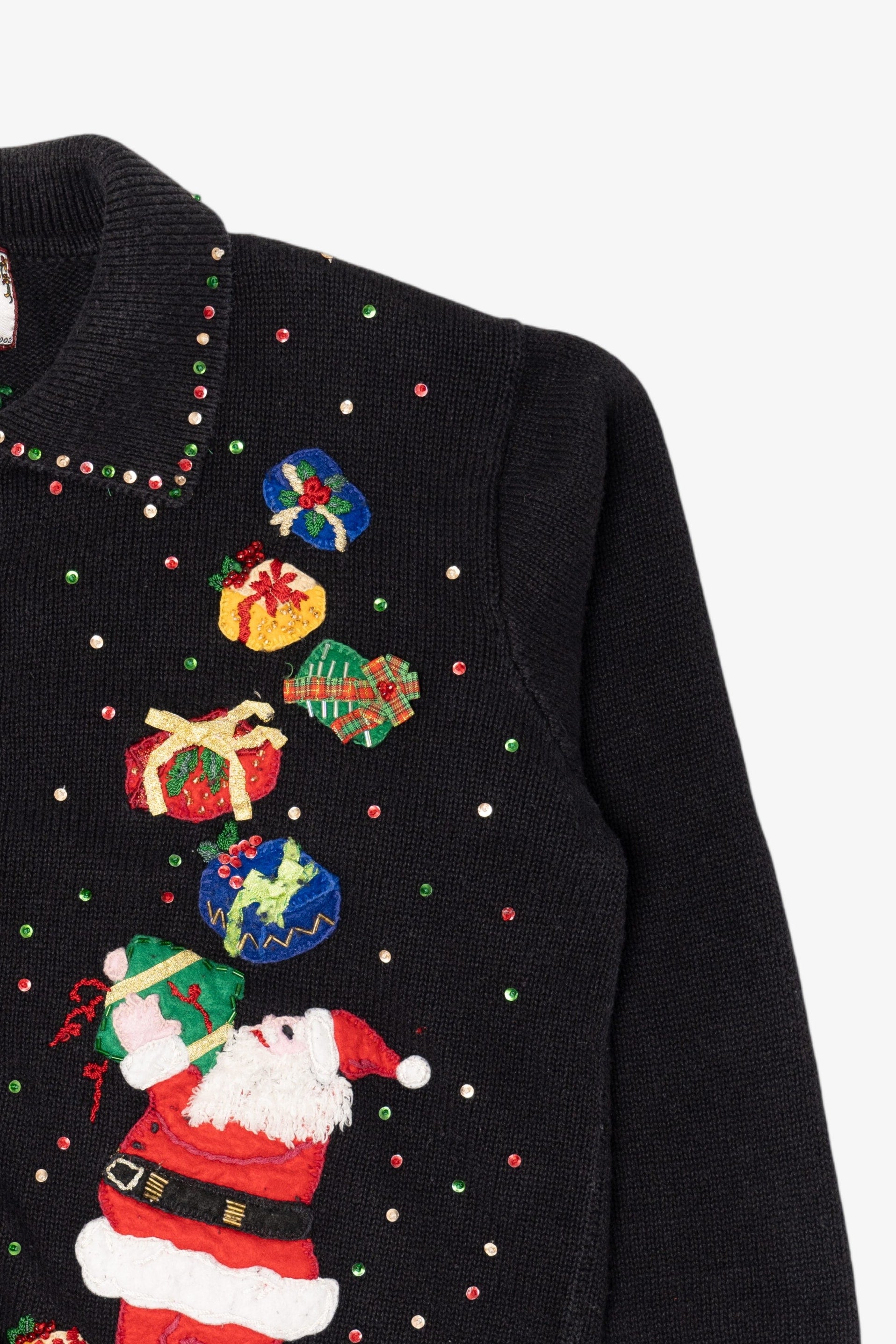 Vintage Black Tiara Santa With Presents Ugly Christmas Sweater (2000s)