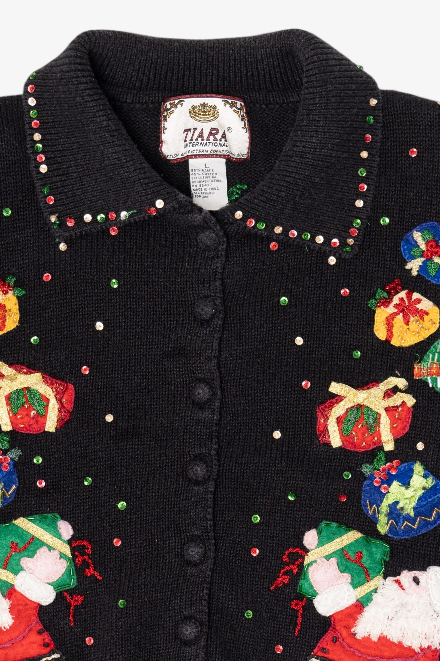 Vintage Black Tiara Santa With Presents Ugly Christmas Sweater (2000s)