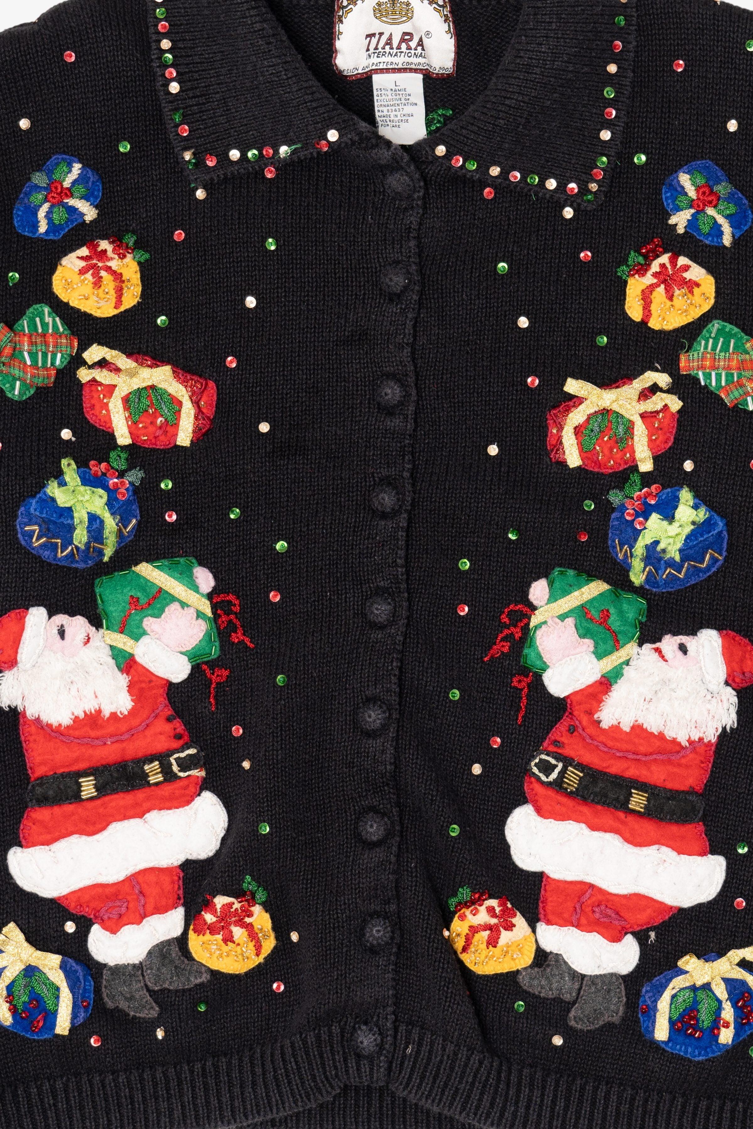 Vintage Black Tiara Santa With Presents Ugly Christmas Sweater (2000s)