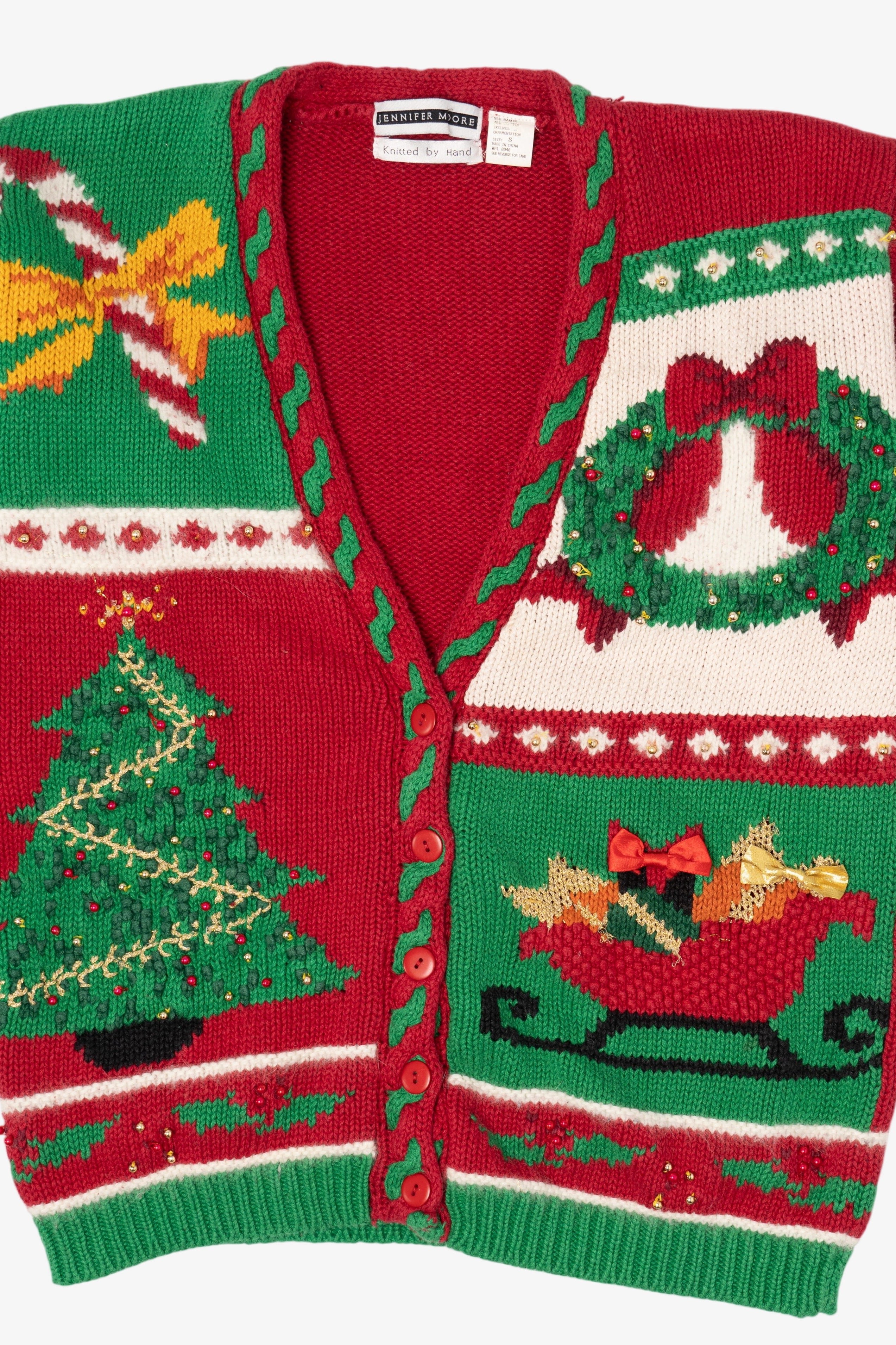 Vintage Hand Knit Red Jennifer Moore Ugly Christmas Cardigan (1990s)