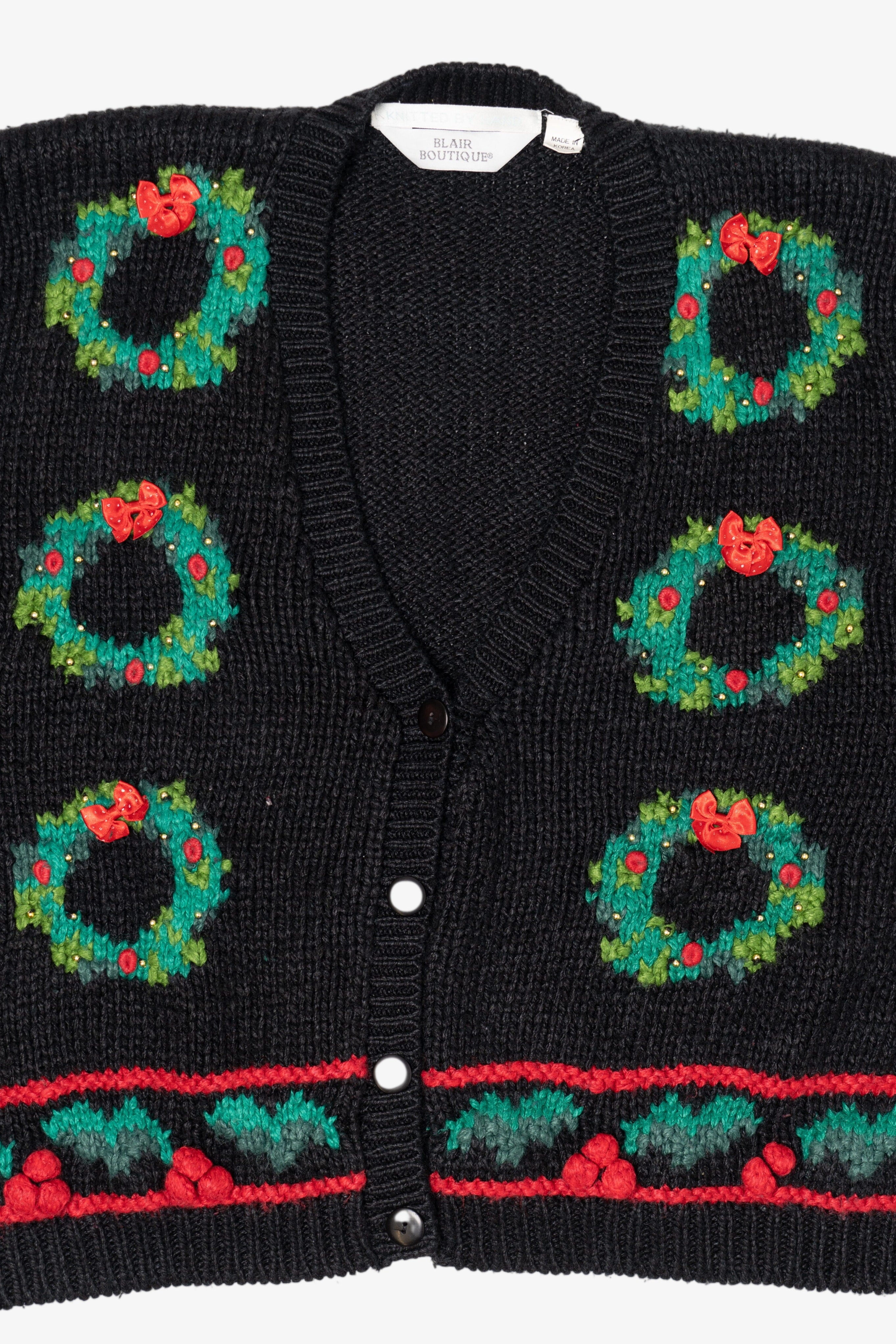 Vintage Hand Knit Black Blair Boutique Wreaths Ugly Christmas Vest (1990s)