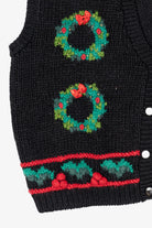 Vintage Hand Knit Black Blair Boutique Wreaths Ugly Christmas Vest (1990s)