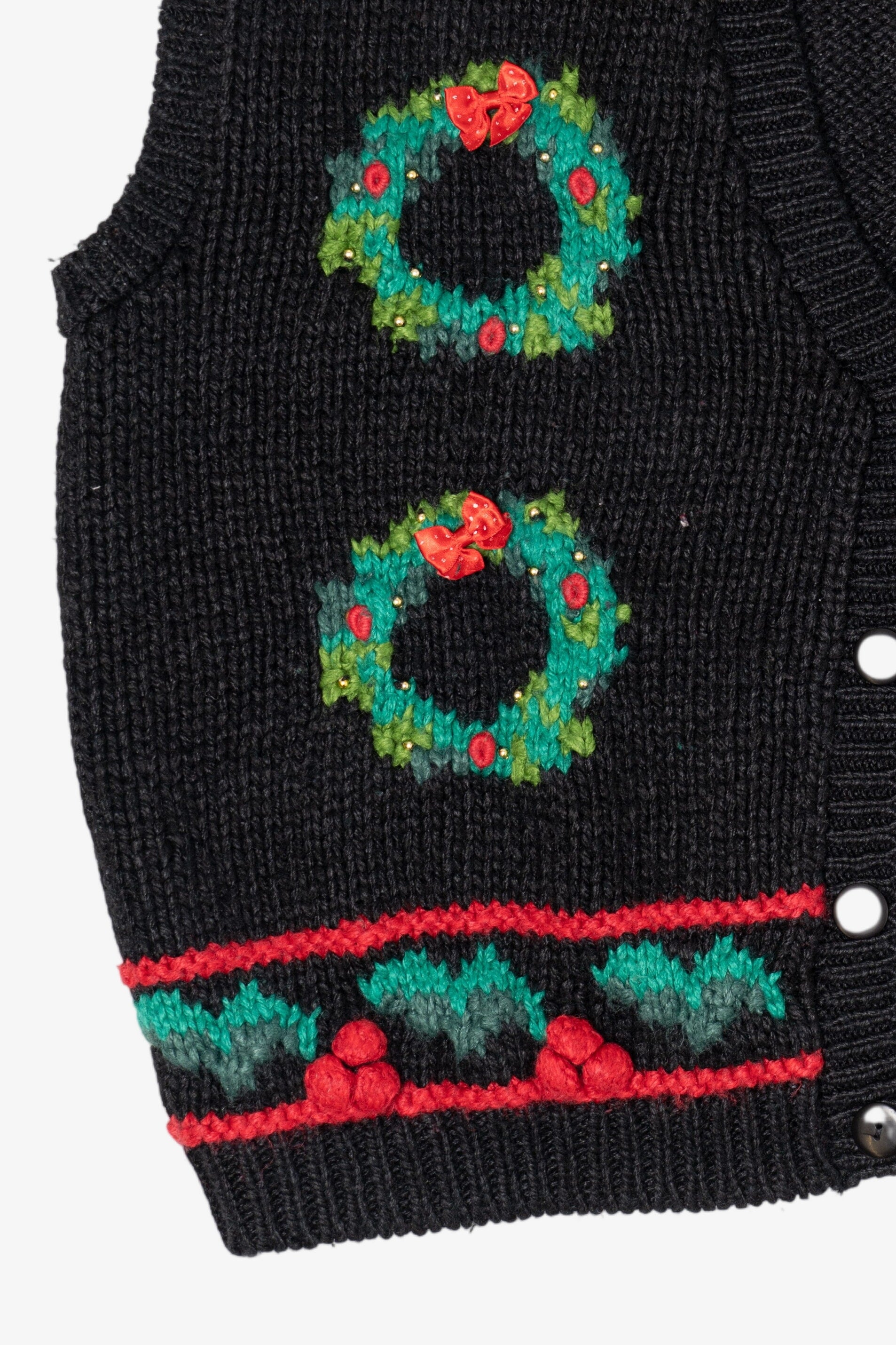 Vintage Hand Knit Black Blair Boutique Wreaths Ugly Christmas Vest (1990s)