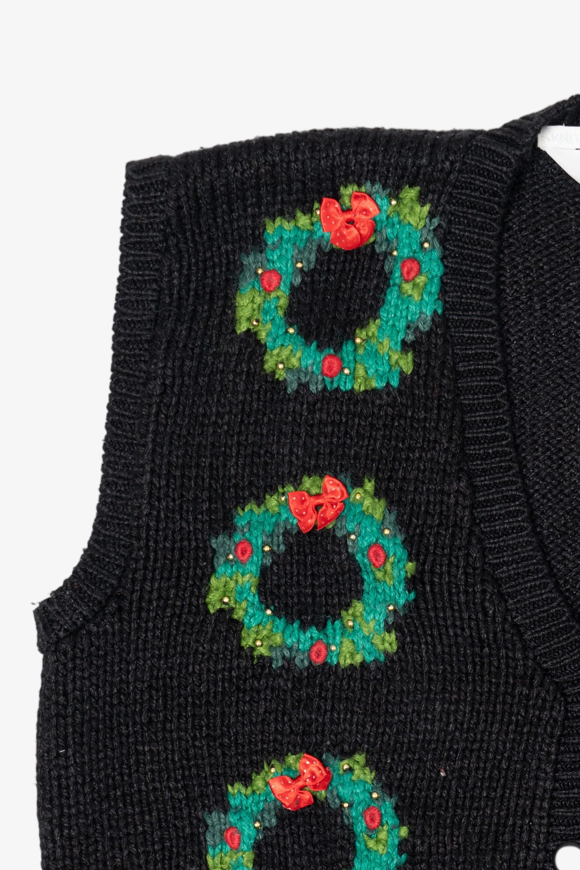 Vintage Hand Knit Black Blair Boutique Wreaths Ugly Christmas Vest (1990s)