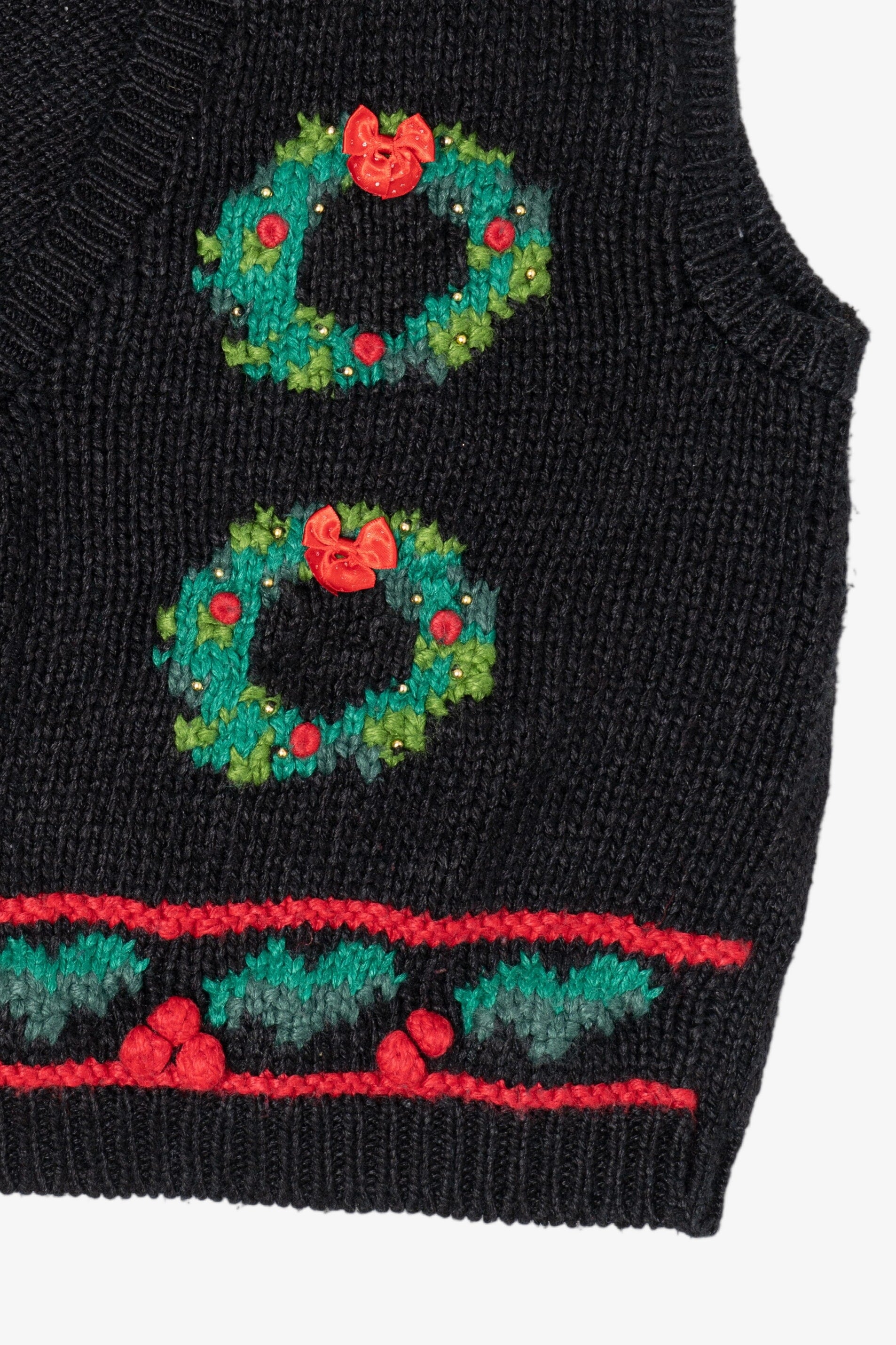 Vintage Hand Knit Black Blair Boutique Wreaths Ugly Christmas Vest (1990s)