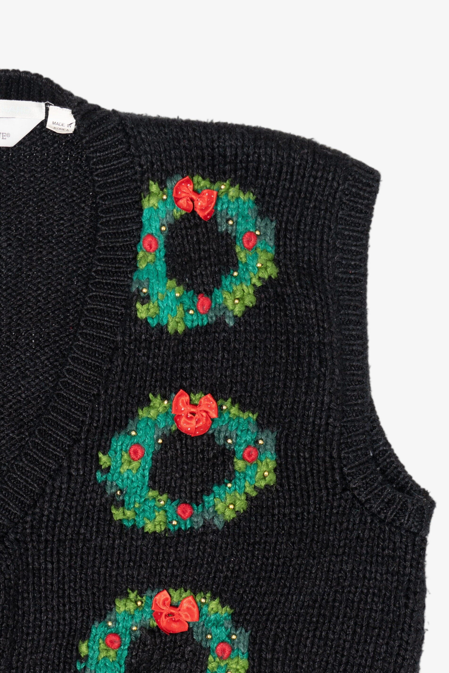 Vintage Hand Knit Black Blair Boutique Wreaths Ugly Christmas Vest (1990s)