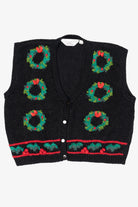 Vintage Hand Knit Black Blair Boutique Wreaths Ugly Christmas Vest (1990s)