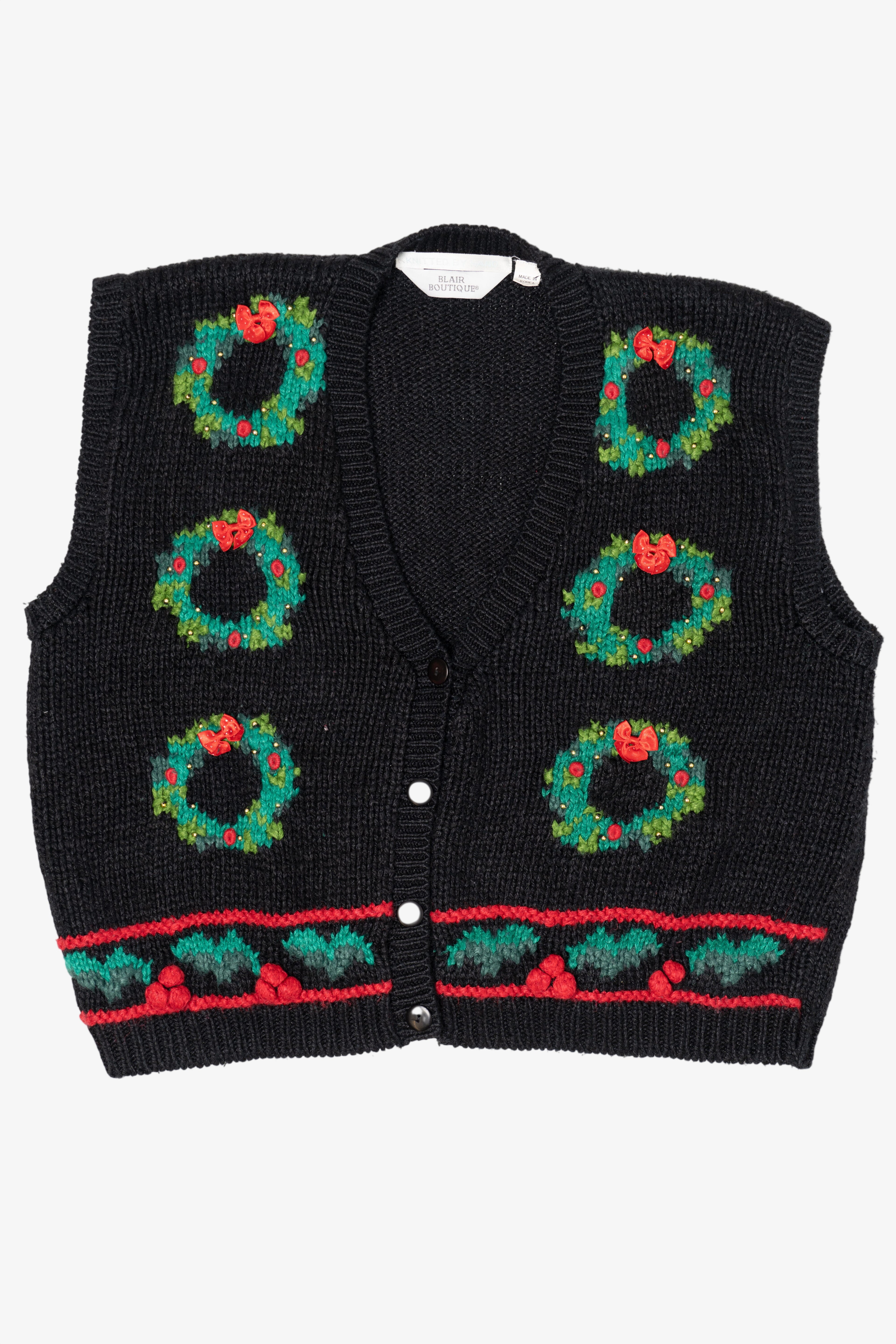 Vintage Hand Knit Black Blair Boutique Wreaths Ugly Christmas Vest (1990s)