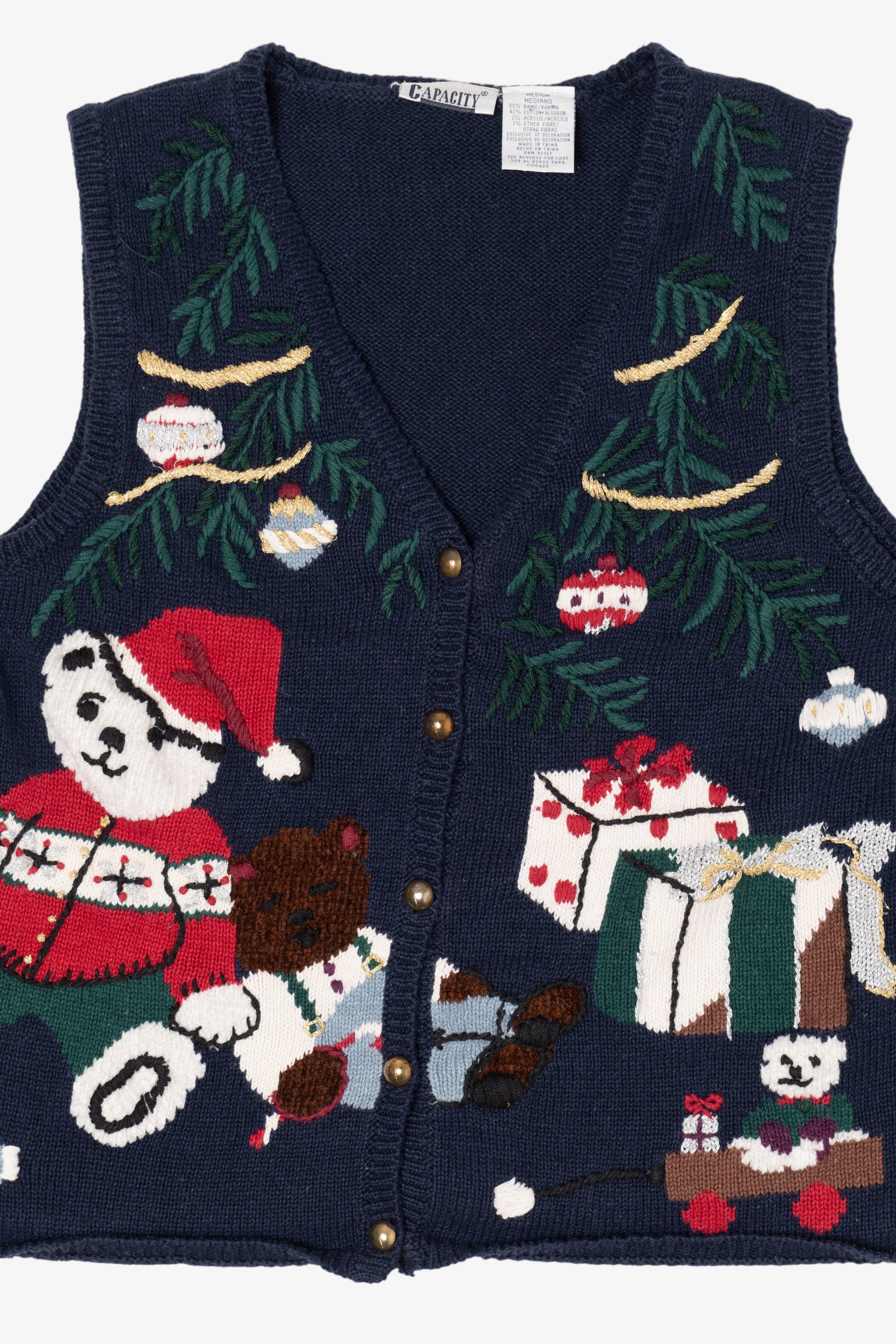 Vintage Navy Blue Capacity Teddy Bears Ugly Christmas Vest (1990s)