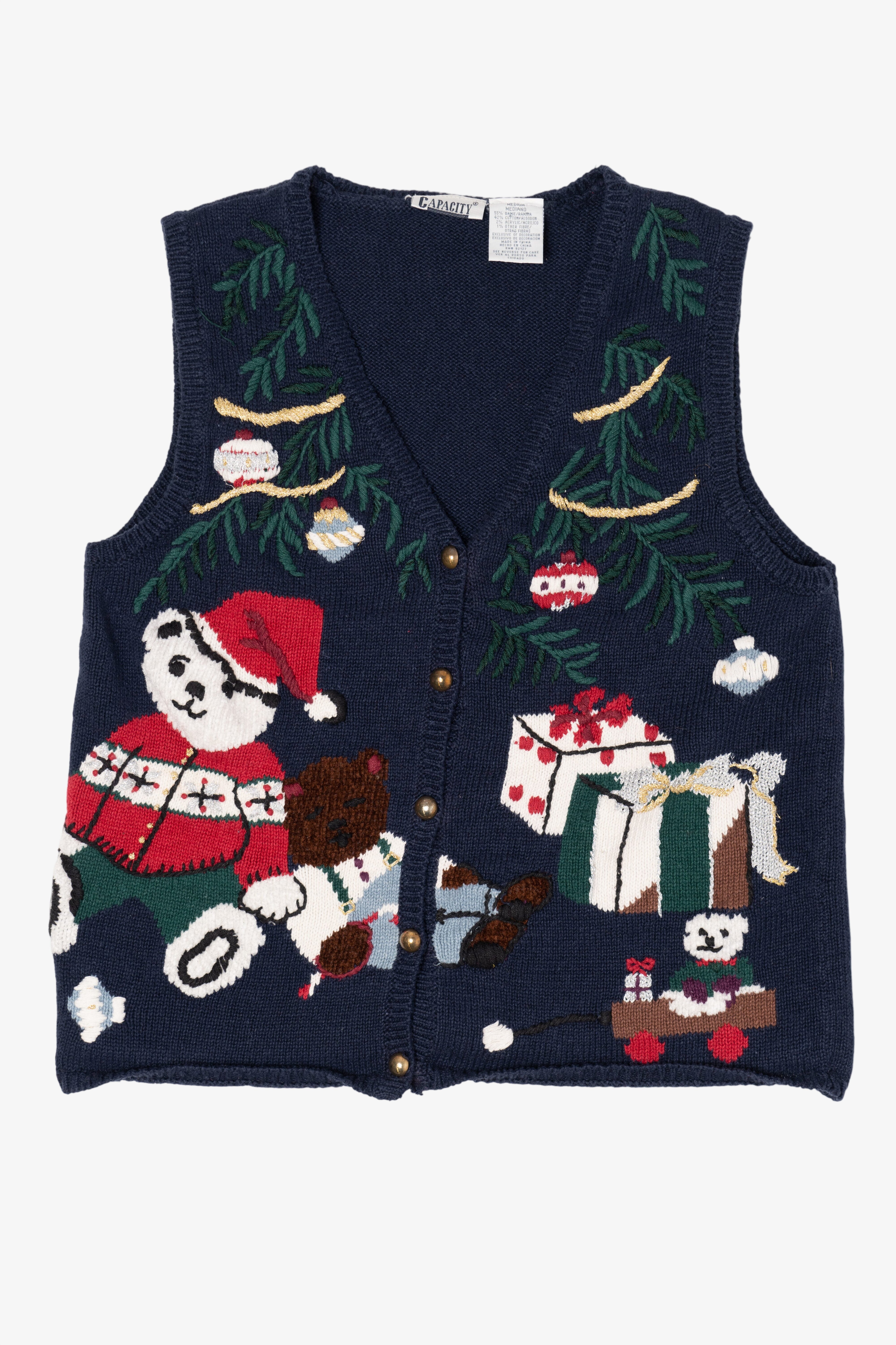 Vintage Navy Blue Capacity Teddy Bears Ugly Christmas Vest (1990s)