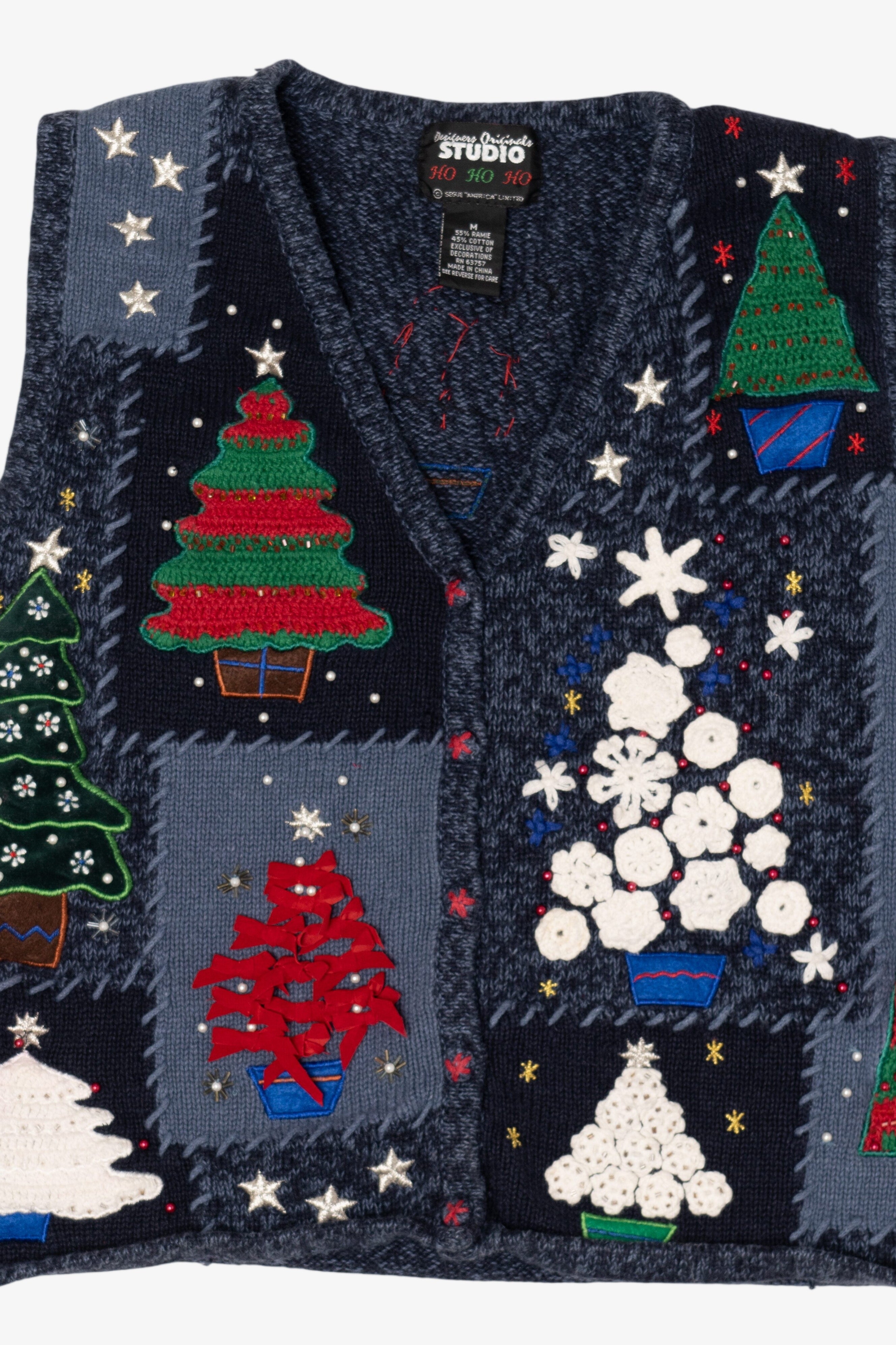 Vintage Navy Blue Designers Originals Studio Trees Ugly Christmas Vest (1990s)