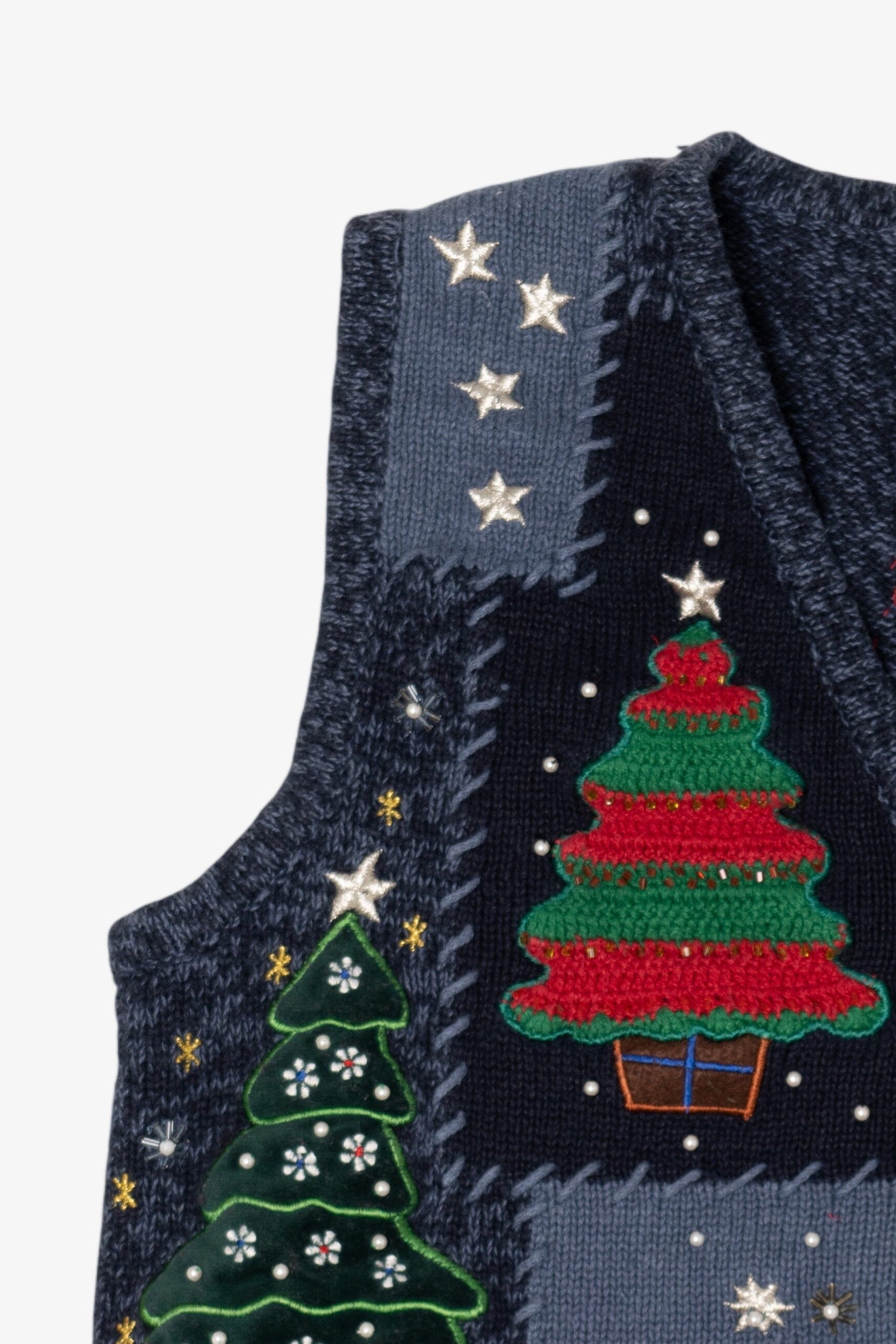 Vintage Navy Blue Designers Originals Studio Trees Ugly Christmas Vest (1990s)