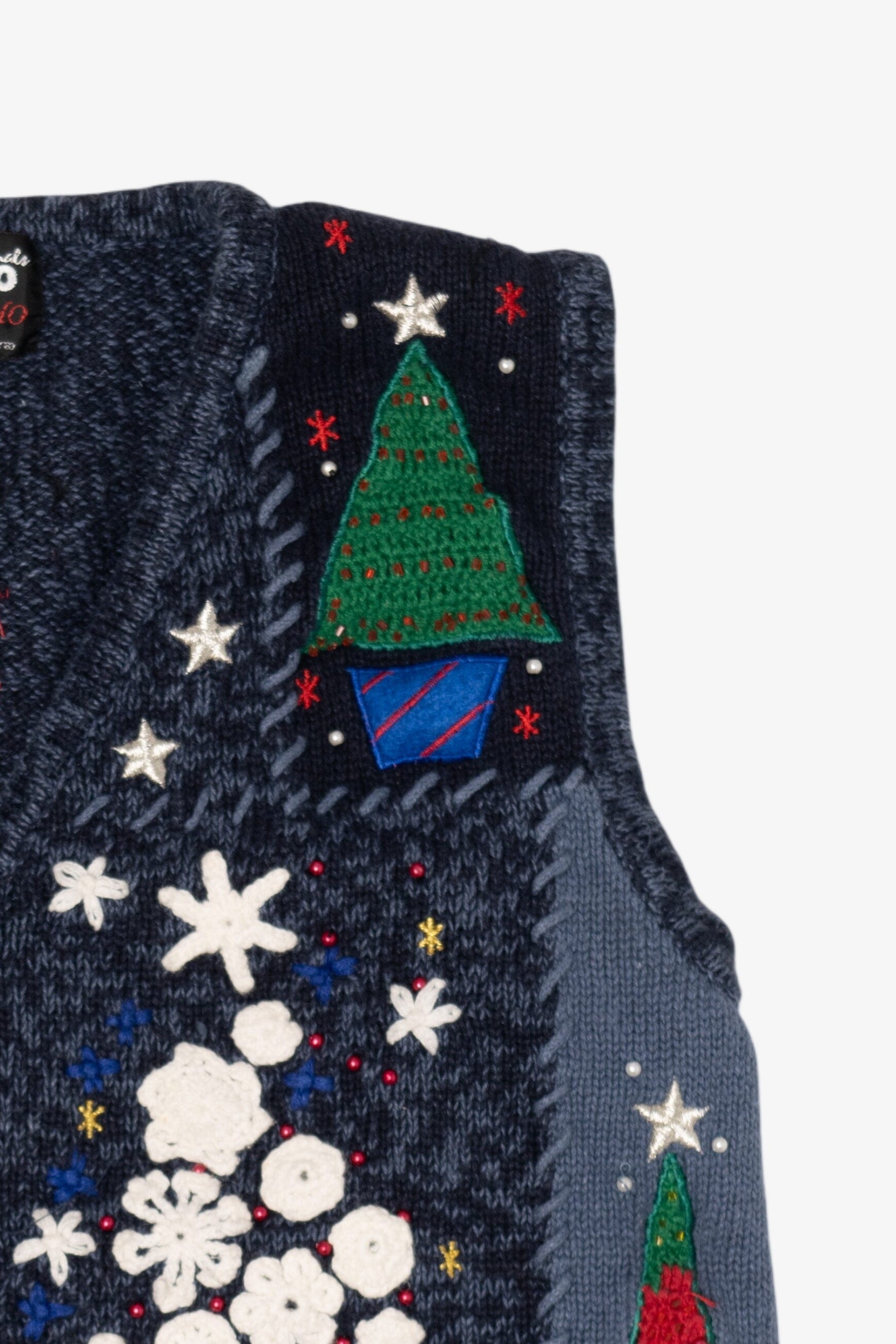 Vintage Navy Blue Designers Originals Studio Trees Ugly Christmas Vest (1990s)
