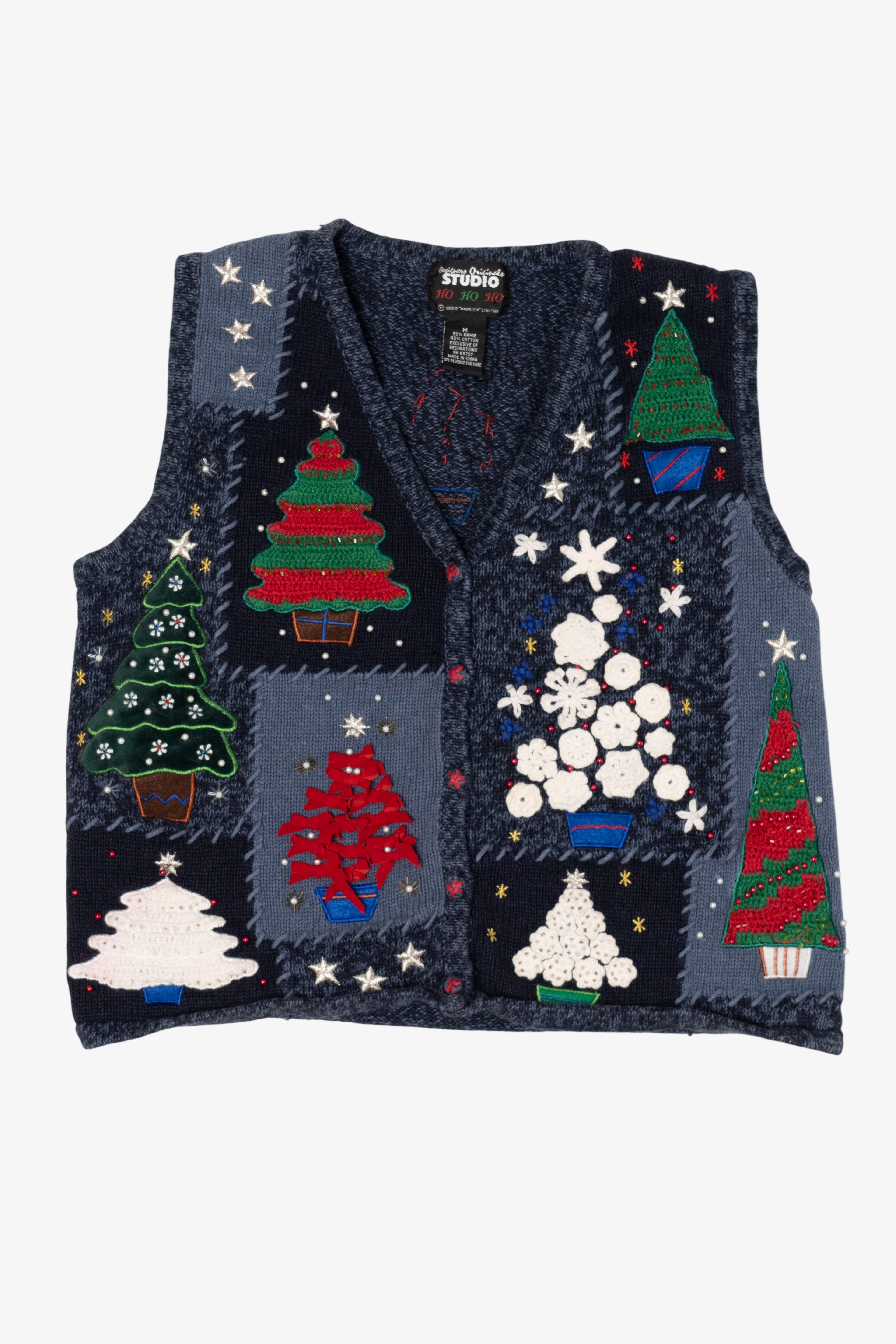 Vintage Navy Blue Designers Originals Studio Trees Ugly Christmas Vest (1990s)