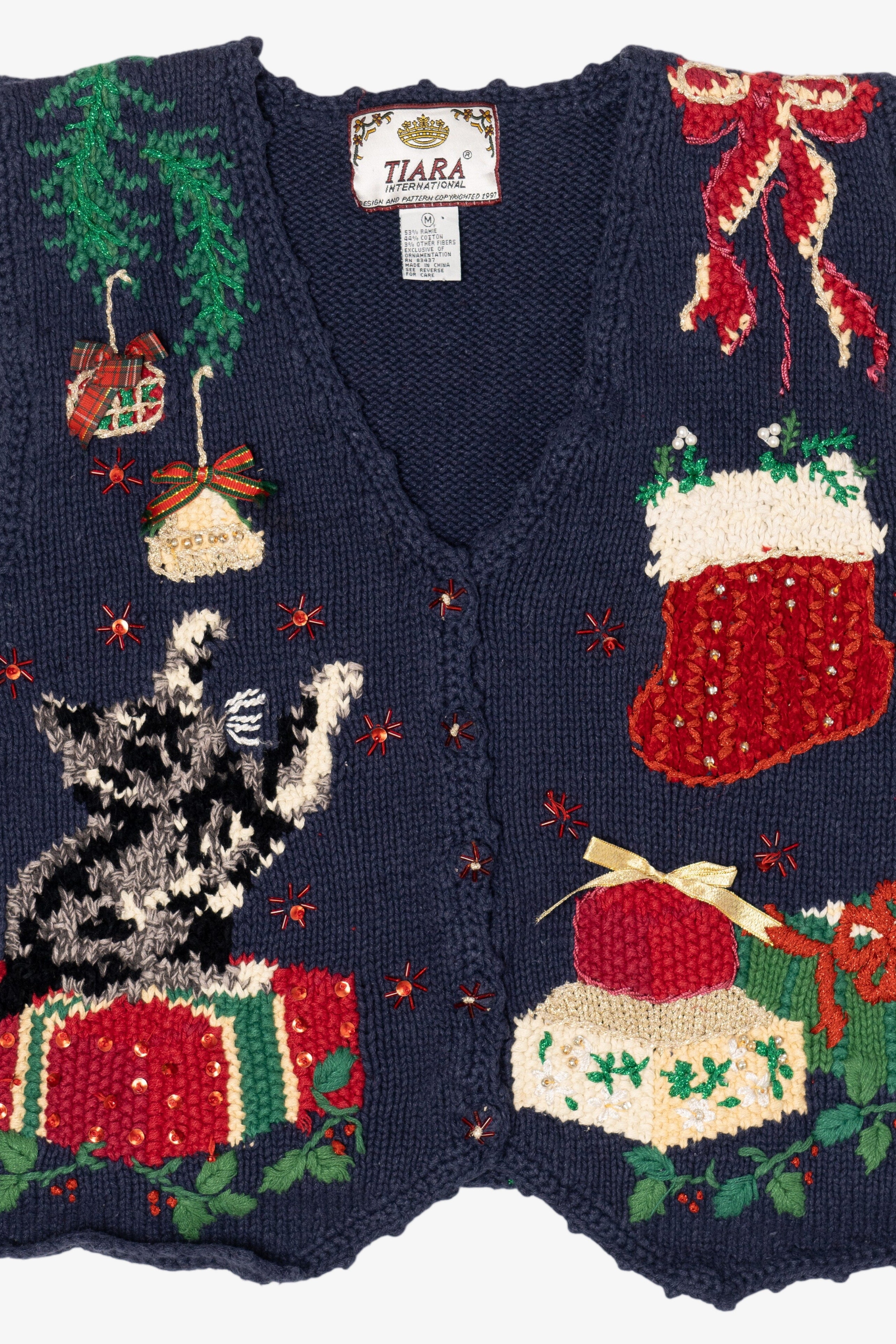 Vintage Navy Blue Tiara International Cat Under Tree Ugly Christmas Vest (1990s)