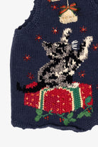 Vintage Navy Blue Tiara International Cat Under Tree Ugly Christmas Vest (1990s)