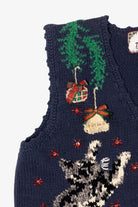 Vintage Navy Blue Tiara International Cat Under Tree Ugly Christmas Vest (1990s)